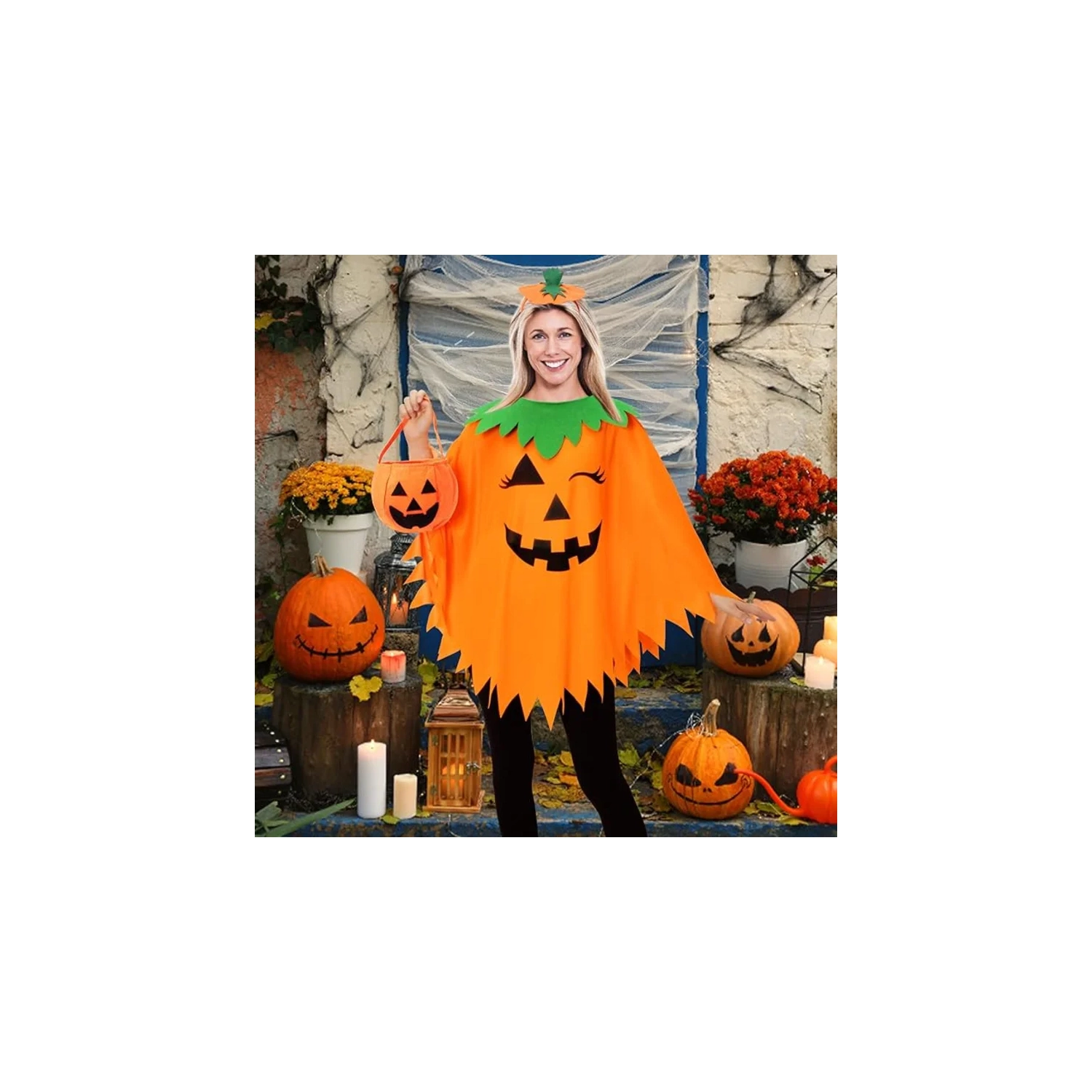 3PCS Costume de citrouille d'Halloween pour femmes – Comprend poncho, bandeau et sac pour adultes