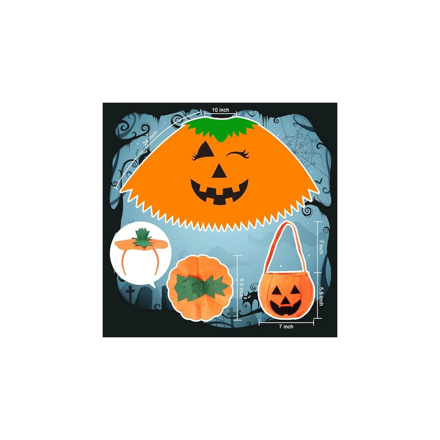 3PCS Costume de citrouille d'Halloween pour femmes – Comprend poncho, bandeau et sac pour adultes