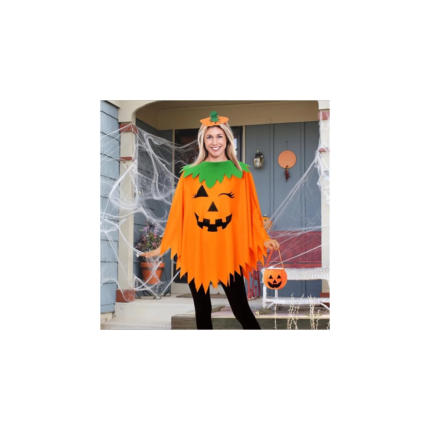 3PCS Costume de citrouille d'Halloween pour femmes – Comprend poncho, bandeau et sac pour adultes