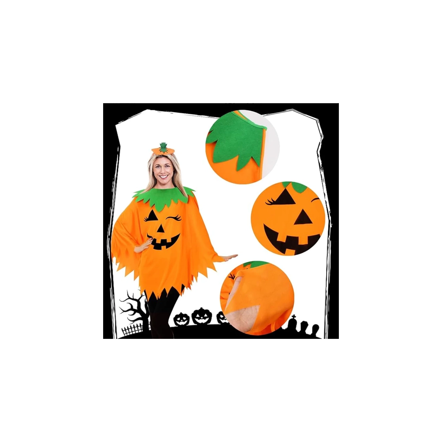 3PCS Costume de citrouille d'Halloween pour femmes – Comprend poncho, bandeau et sac pour adultes