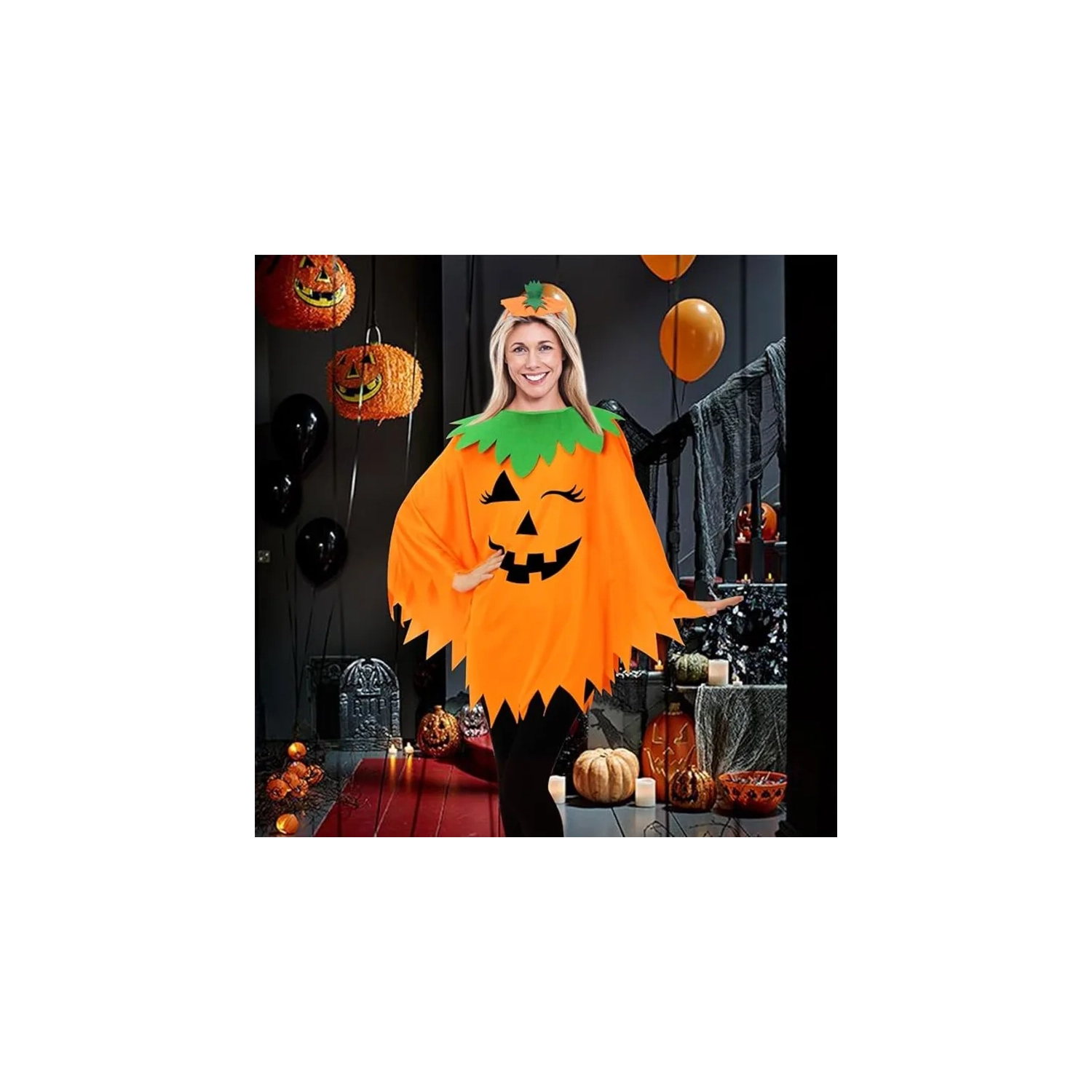3PCS Costume de citrouille d'Halloween pour femmes – Comprend poncho, bandeau et sac pour adultes