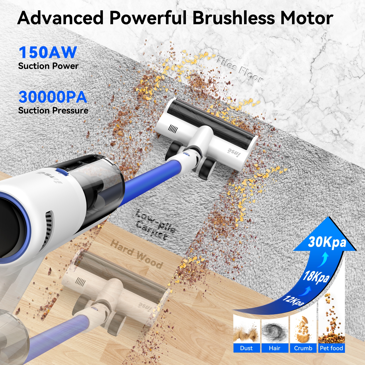 Aspirateurs V120, aspirateur sans fil 50Kpa 150&nbsp;W 60Mins, aspirateur-balai avec écran tactile LED, aspirateur sans fil antienchevêtrement,