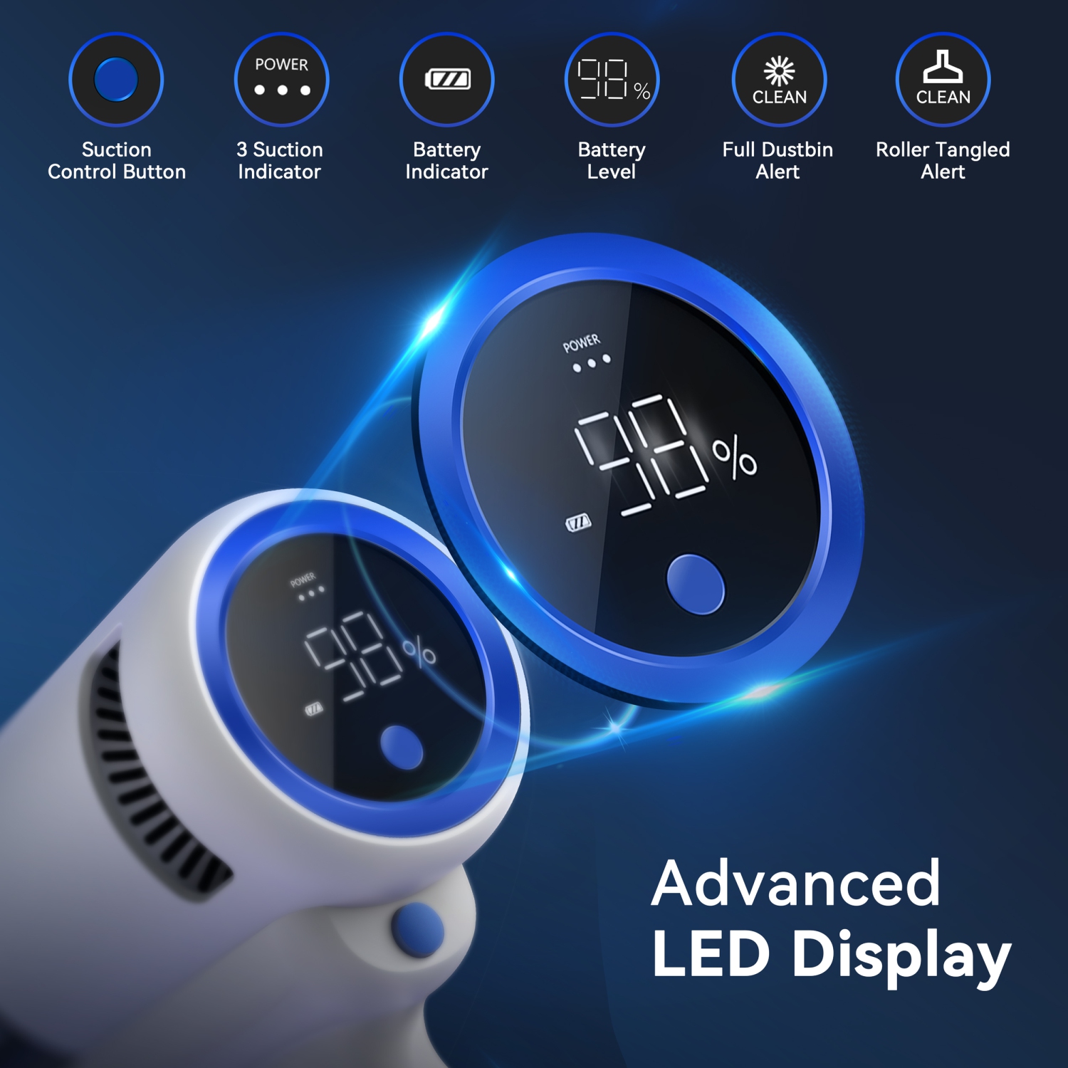 Aspirateurs V120, aspirateur sans fil 50Kpa 150&nbsp;W 60Mins, aspirateur-balai avec écran tactile LED, aspirateur sans fil antienchevêtrement,