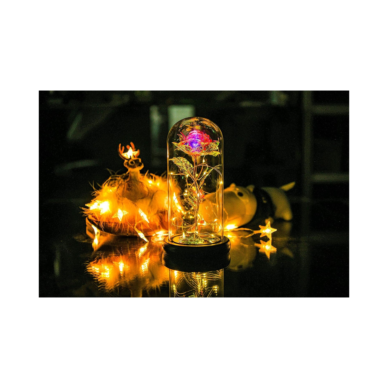 Galaxy Rose Flower Infinity Rose in Glass Dome with Led Light String on The Crystal Rose Unique for Mom Women, Christmas, Mother's Day, Anniversary