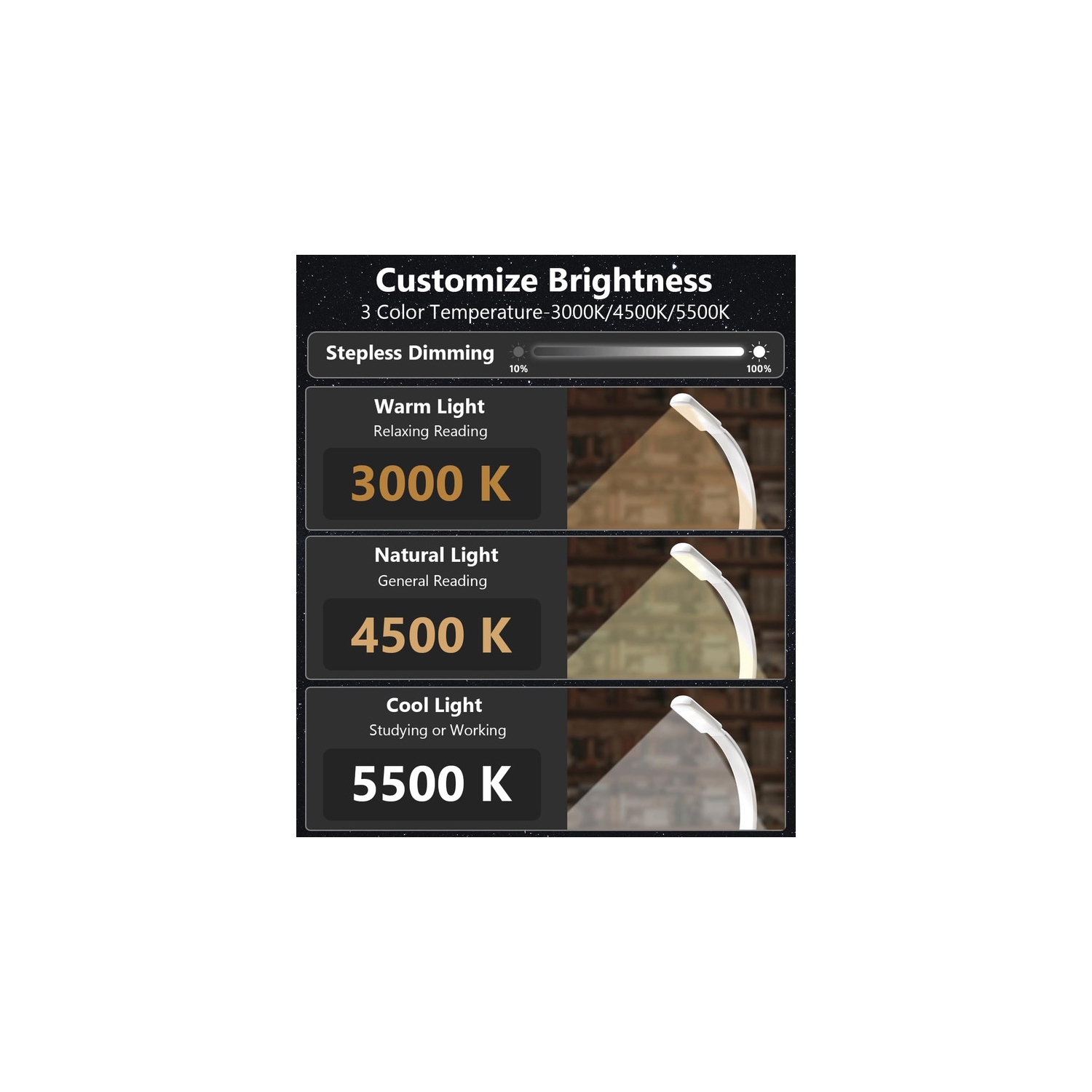 Lampe de lecture pour livres au lit, lampe de lecture rechargeable avec luminosité à 3 couleurs et intensité variable, lampe de lecture portative à