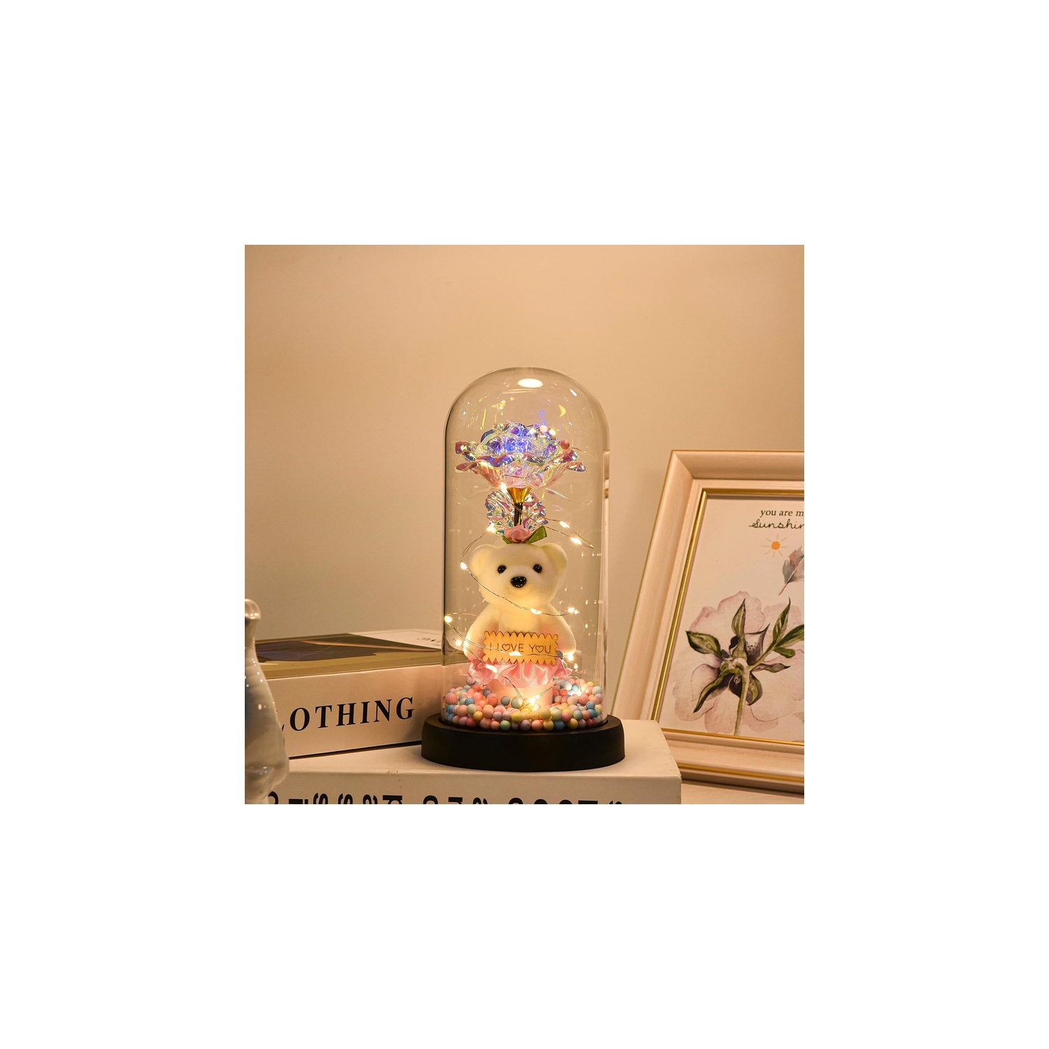 Galaxy Rose Flower Infinity Rose in Glass Dome with Led Light String on The Crystal Rose Unique for Mom Women, Christmas, Mother's Day, Anniversary