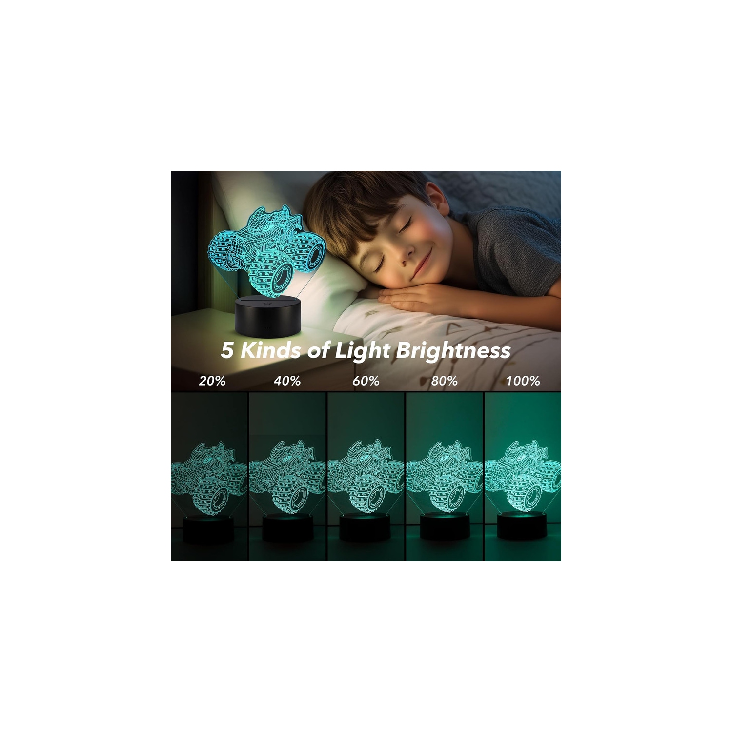 Veilleuse 3D Monster Trucks pour garçons, lampe illusion DEL avec 16 couleurs Monster décoration chambre d'enfant Gadget parfait cadeau