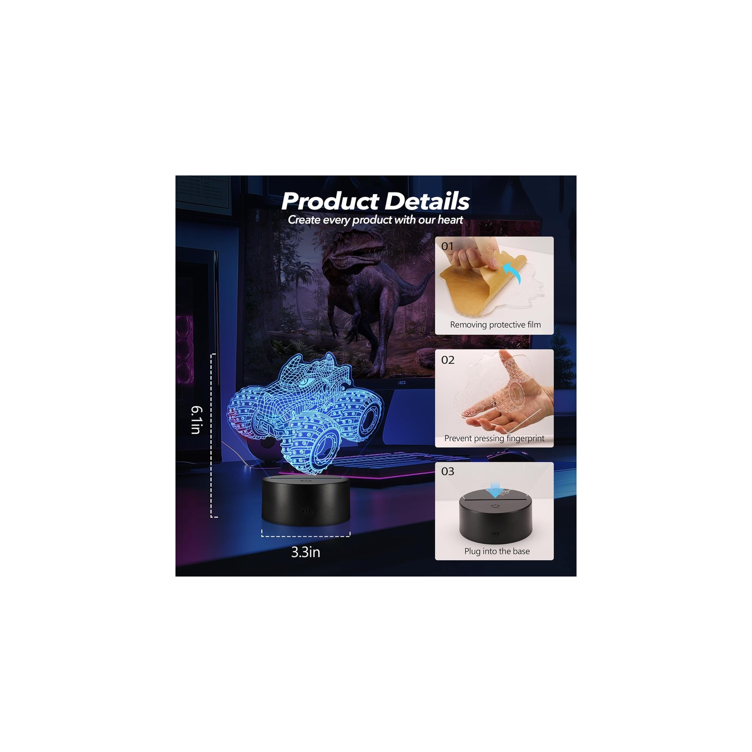 Veilleuse 3D Monster Trucks pour garçons, lampe illusion DEL avec 16 couleurs Monster décoration chambre d'enfant Gadget parfait cadeau