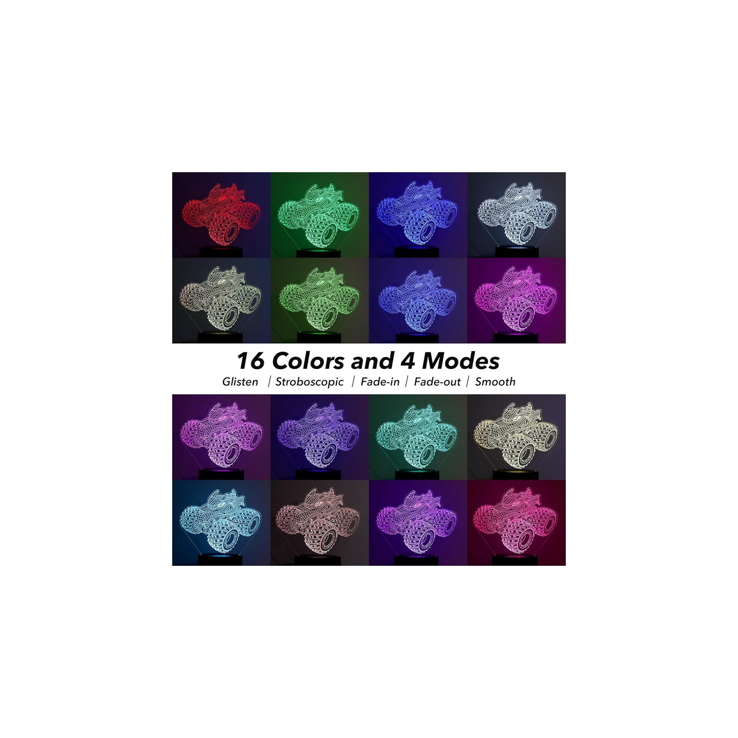 Veilleuse 3D Monster Trucks pour garçons, lampe illusion DEL avec 16 couleurs Monster décoration chambre d'enfant Gadget parfait cadeau