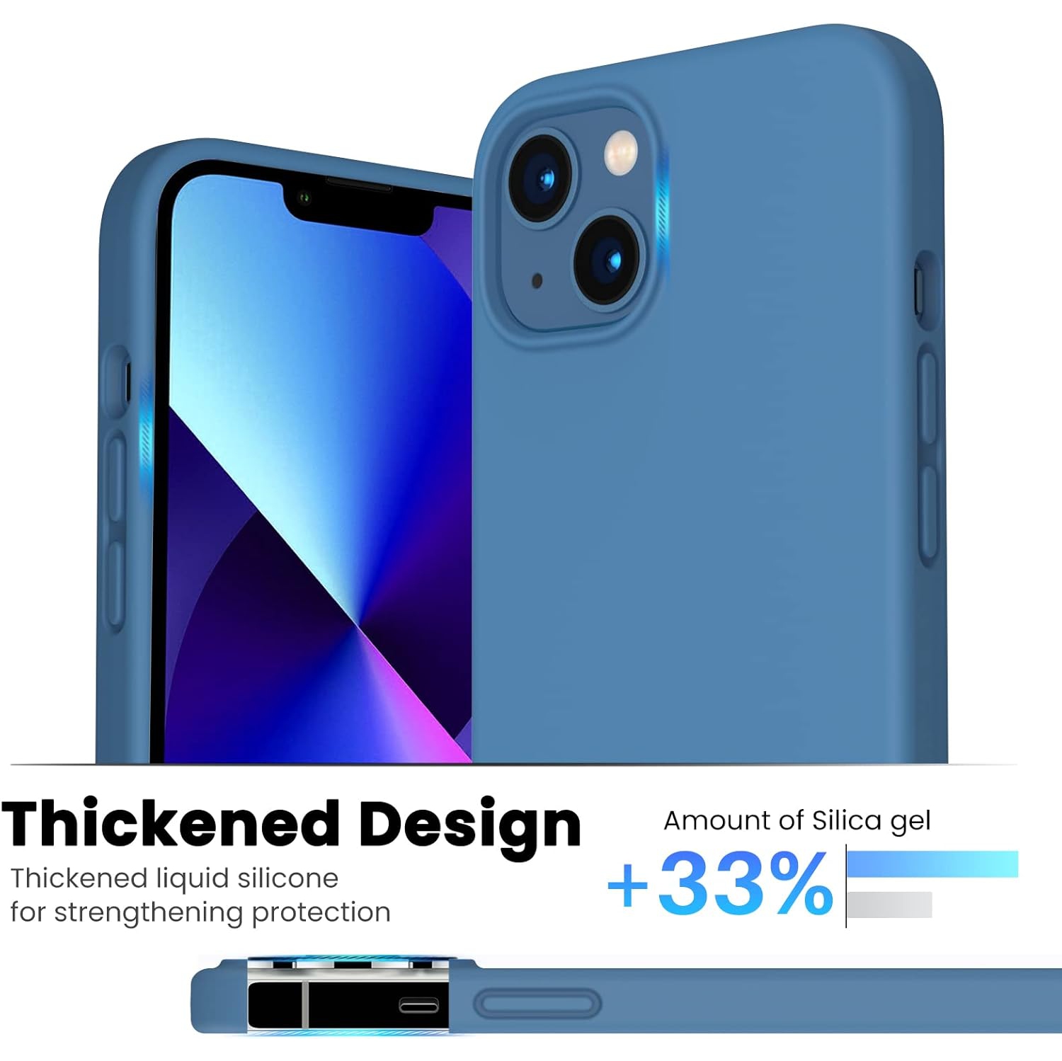ORNARTO Shockproof Liquid Silicone Designed for iPhone 13 Case Gel Rubber Full Protection Anti-Shock Cover Case Drop Protection 6.1inch-Blue