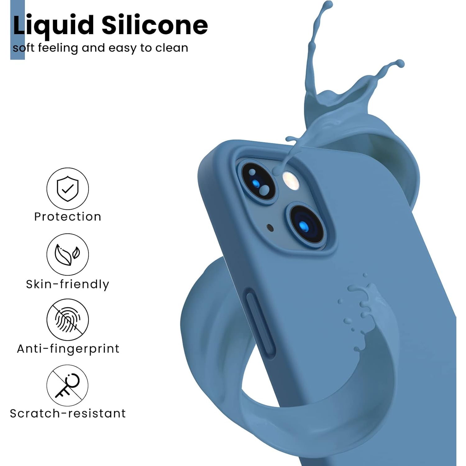 ORNARTO Shockproof Liquid Silicone Designed for iPhone 13 Case Gel Rubber Full Protection Anti-Shock Cover Case Drop Protection 6.1inch-Blue