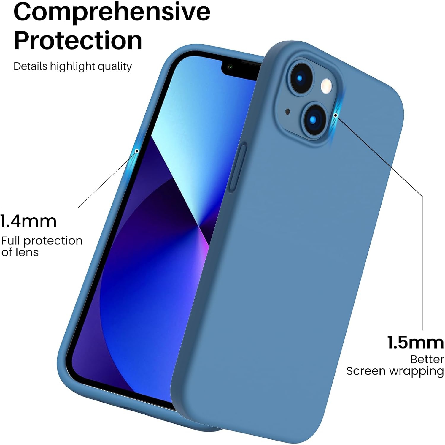 ORNARTO Shockproof Liquid Silicone Designed for iPhone 13 Case Gel Rubber Full Protection Anti-Shock Cover Case Drop Protection 6.1inch-Blue