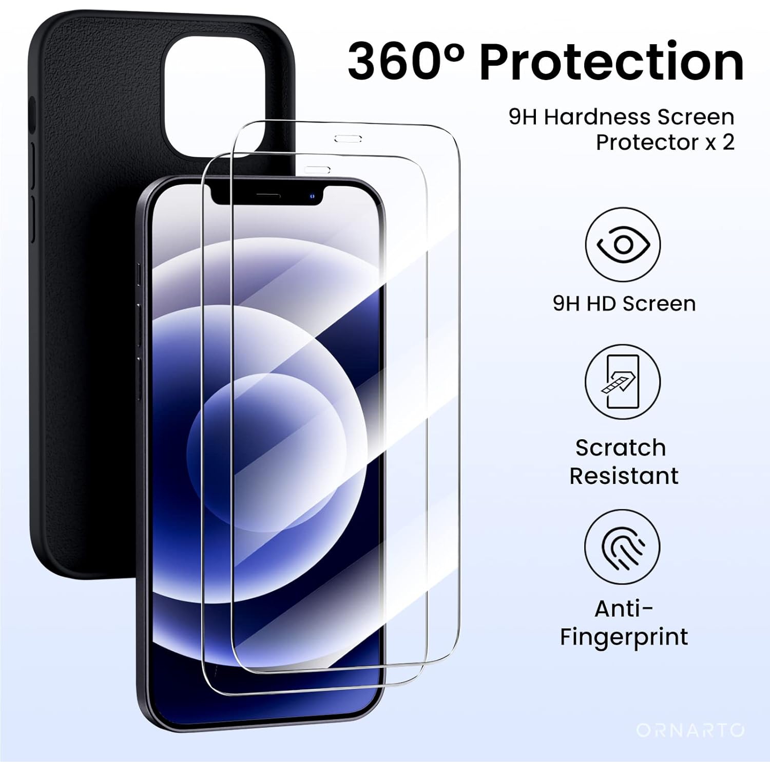 Étui ORNARTO pour iPhone 12 et iPhone 12 Pro 6.1 po, avec 2 protecteurs d'écran + 2 protecteurs d'objectif d'appareil photo, gel de silicone