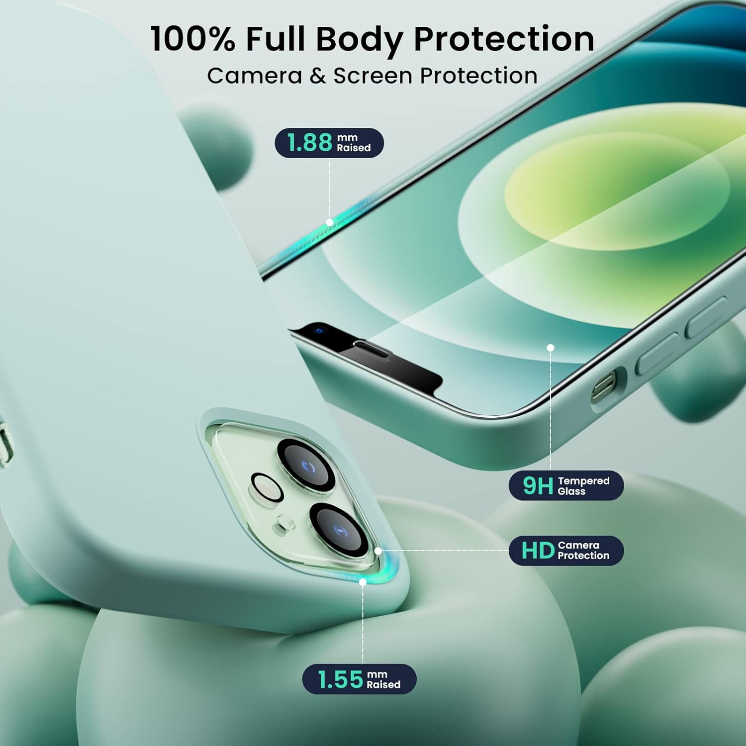 Étui ORNARTO pour iPhone 12 et iPhone 12 Pro 6.1&nbsp;po, avec 2 protecteurs d'écran + 2 protecteurs d'objectif d'appareil photo, gel de silicone