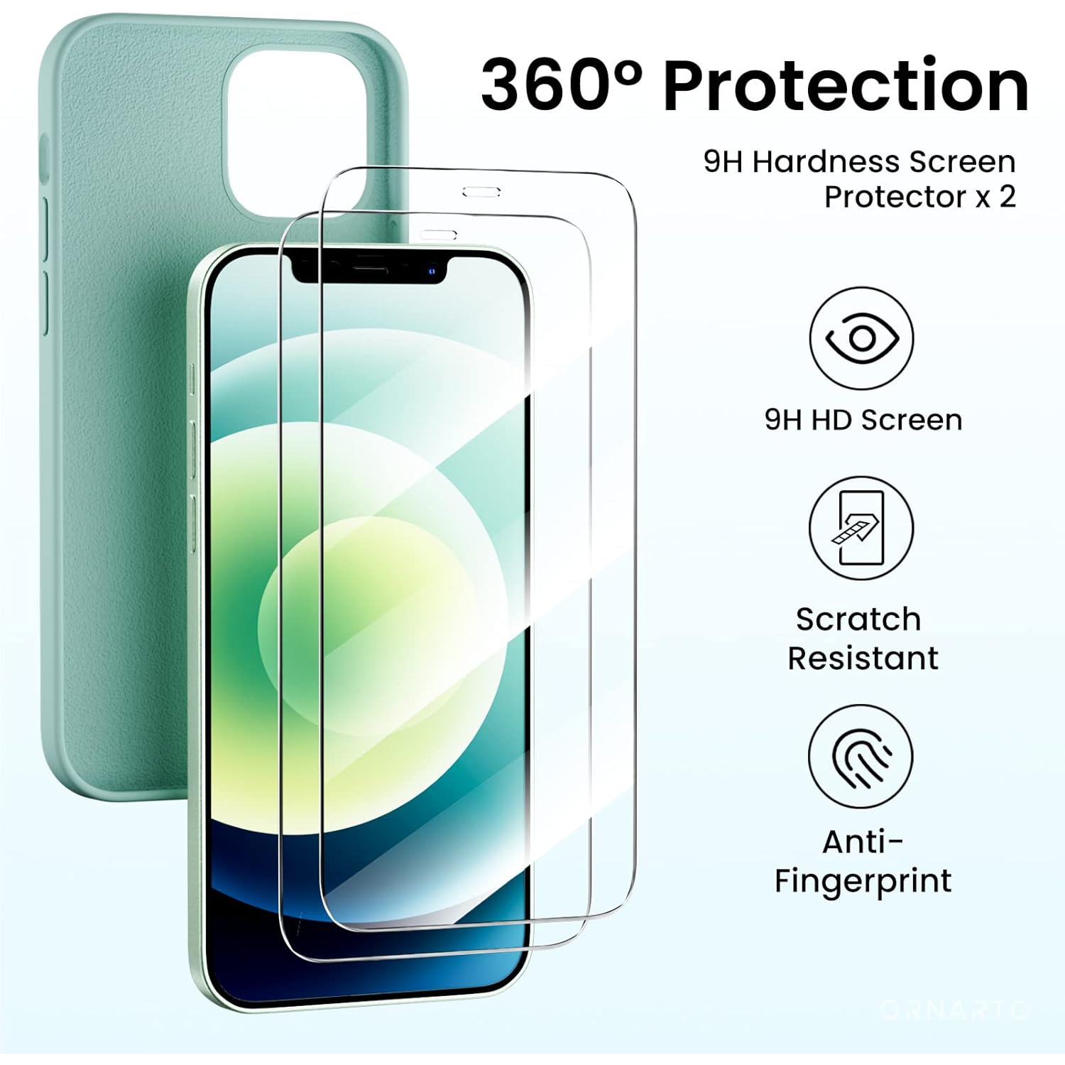 Étui ORNARTO pour iPhone 12 et iPhone 12 Pro 6.1&nbsp;po, avec 2 protecteurs d'écran + 2 protecteurs d'objectif d'appareil photo, gel de silicone