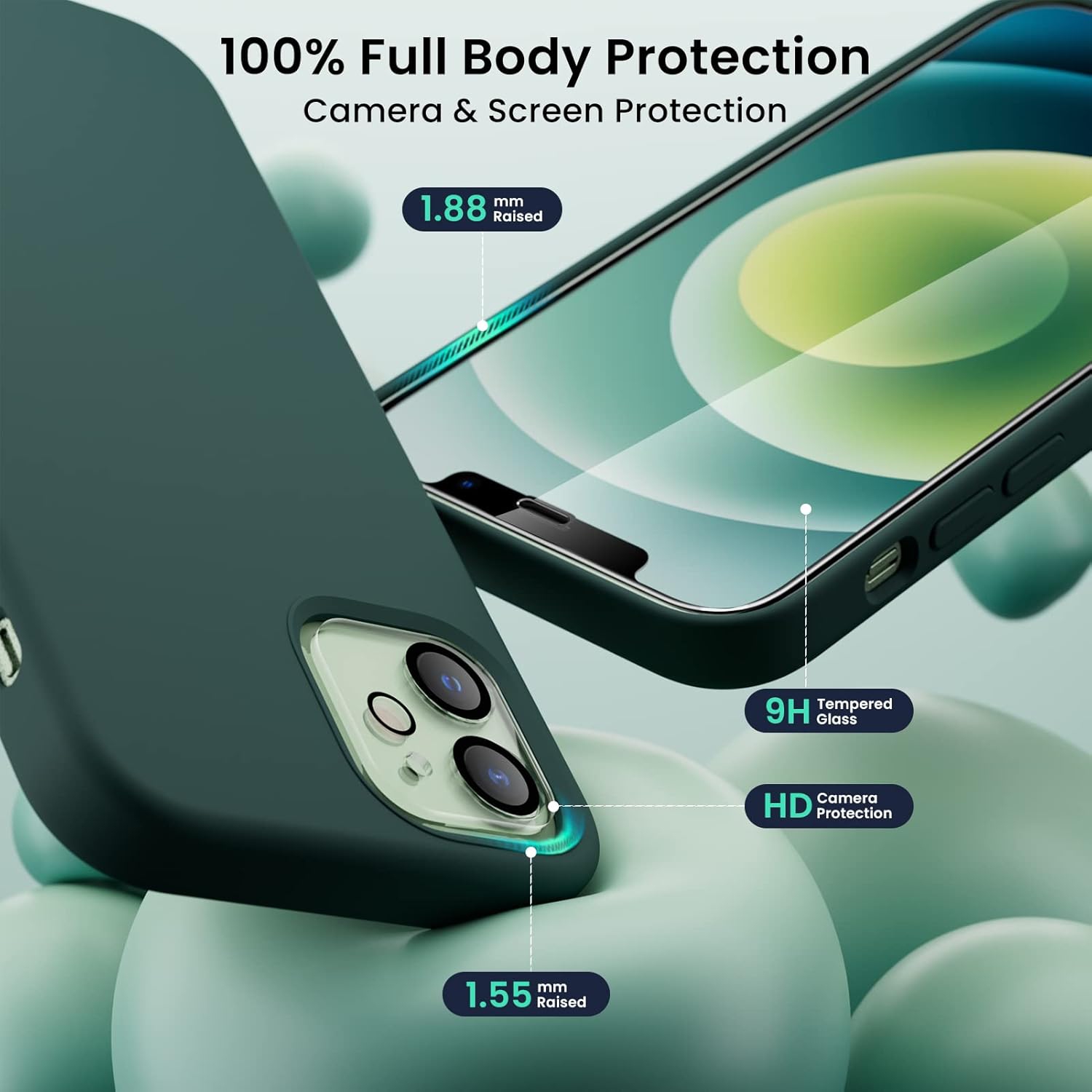 Étui ORNARTO pour iPhone 12 et iPhone 12 Pro 6.1&nbsp;po, avec 2 protecteurs d'écran + 2 protecteurs d'objectif d'appareil photo, gel de silicone