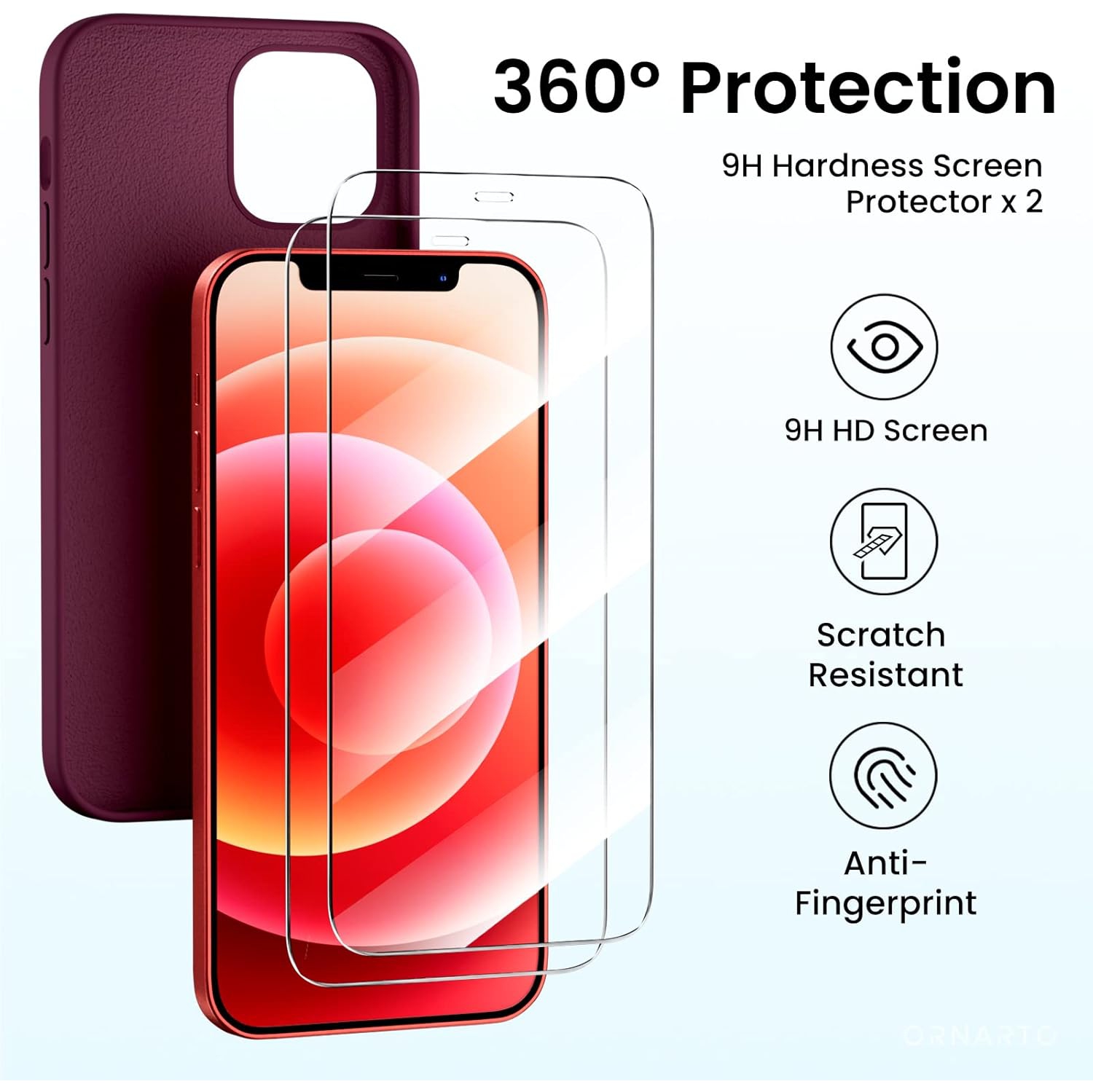 Étui ORNARTO pour iPhone 12 et iPhone 12 Pro 6.1&nbsp;po, avec 2 protecteurs d'écran + 2 protecteurs d'objectif d'appareil photo, gel de silicone
