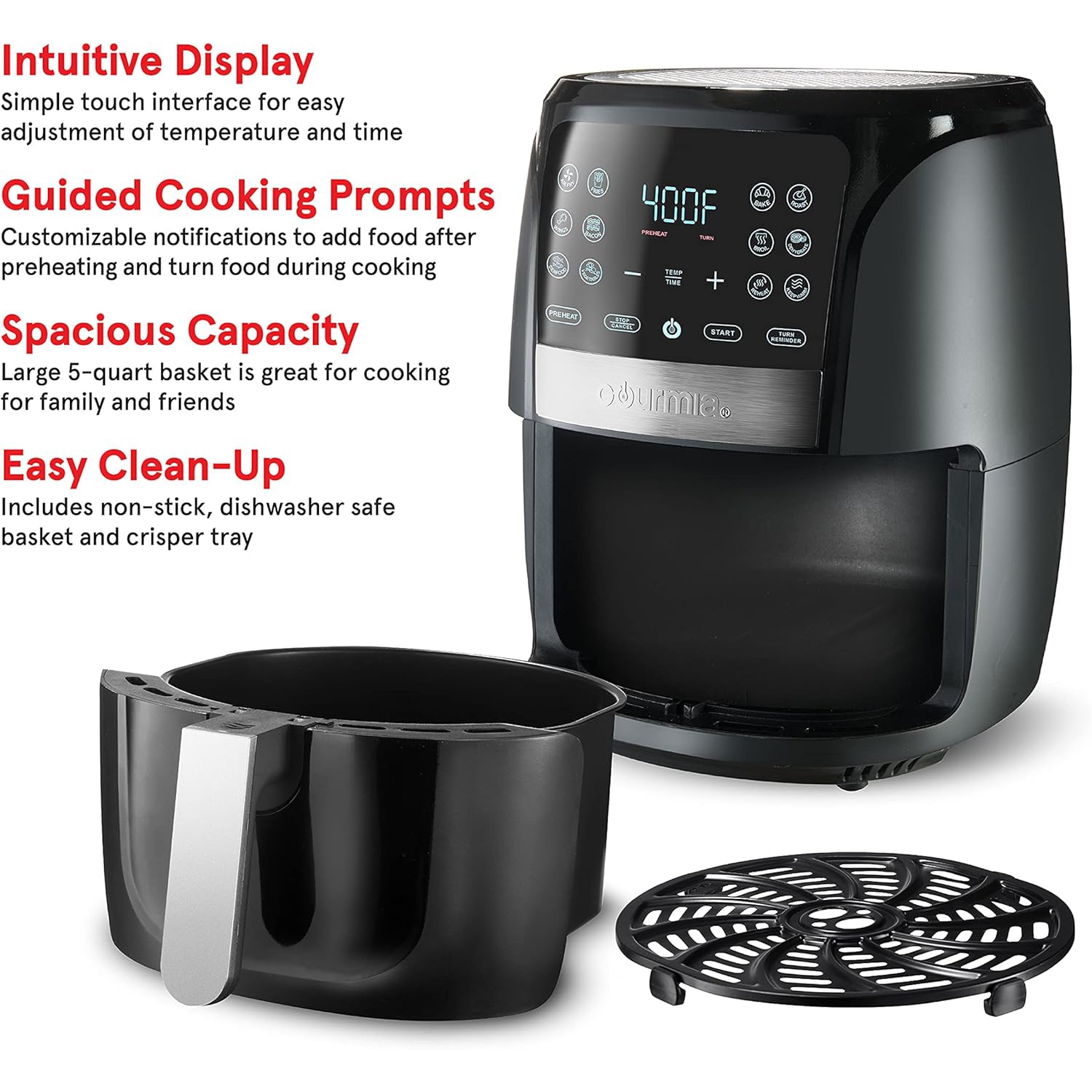 Gourmia Air Fryer Oven Digital Display 5 Quart Large AirFryer Cooker 12 Touch Cooking Presets, XL Air Fryer Basket 1500w Power Multifunction