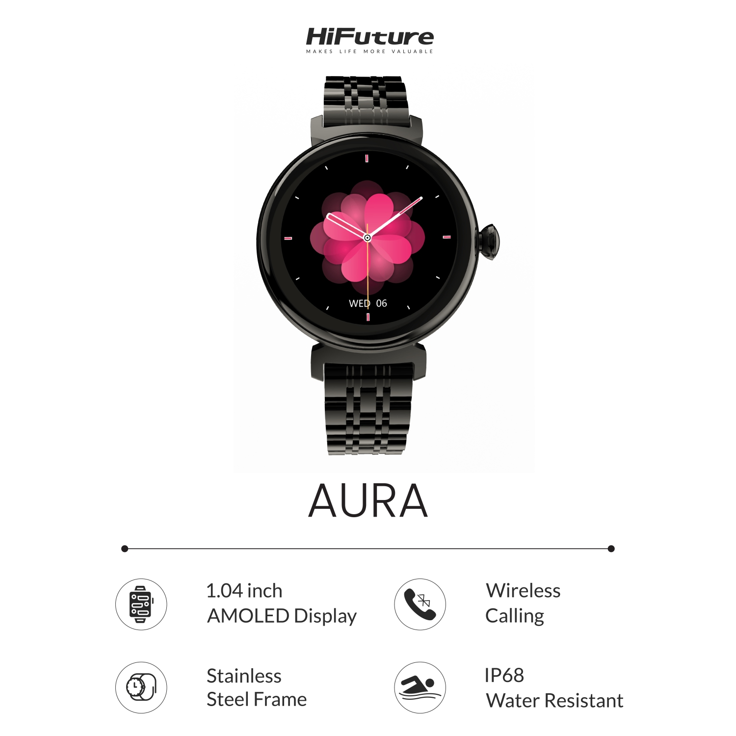 Montre intelligente AMOLED femelle en acier inoxydable Aura de HiFuture