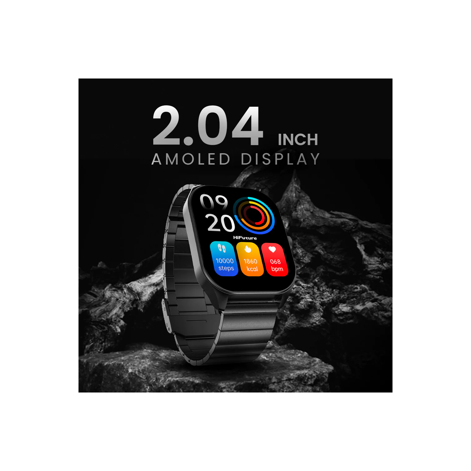 HiFuture – APEX Smartwatch – 2.04” AMOLED, Anti-Fingerprint, IP68 Waterproof, Bluetooth Calling, Heart Rate & Blood Oxygen, Sleep Monitor, Stainless