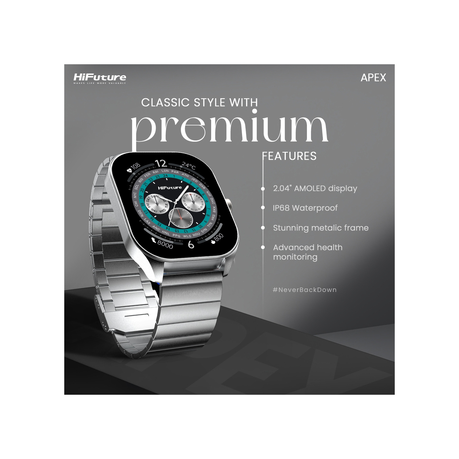 HiFuture – APEX Smartwatch – 2.04” AMOLED, Anti-Fingerprint, IP68 Waterproof, Bluetooth Calling, Heart Rate & Blood Oxygen, Sleep Monitor, Stainless