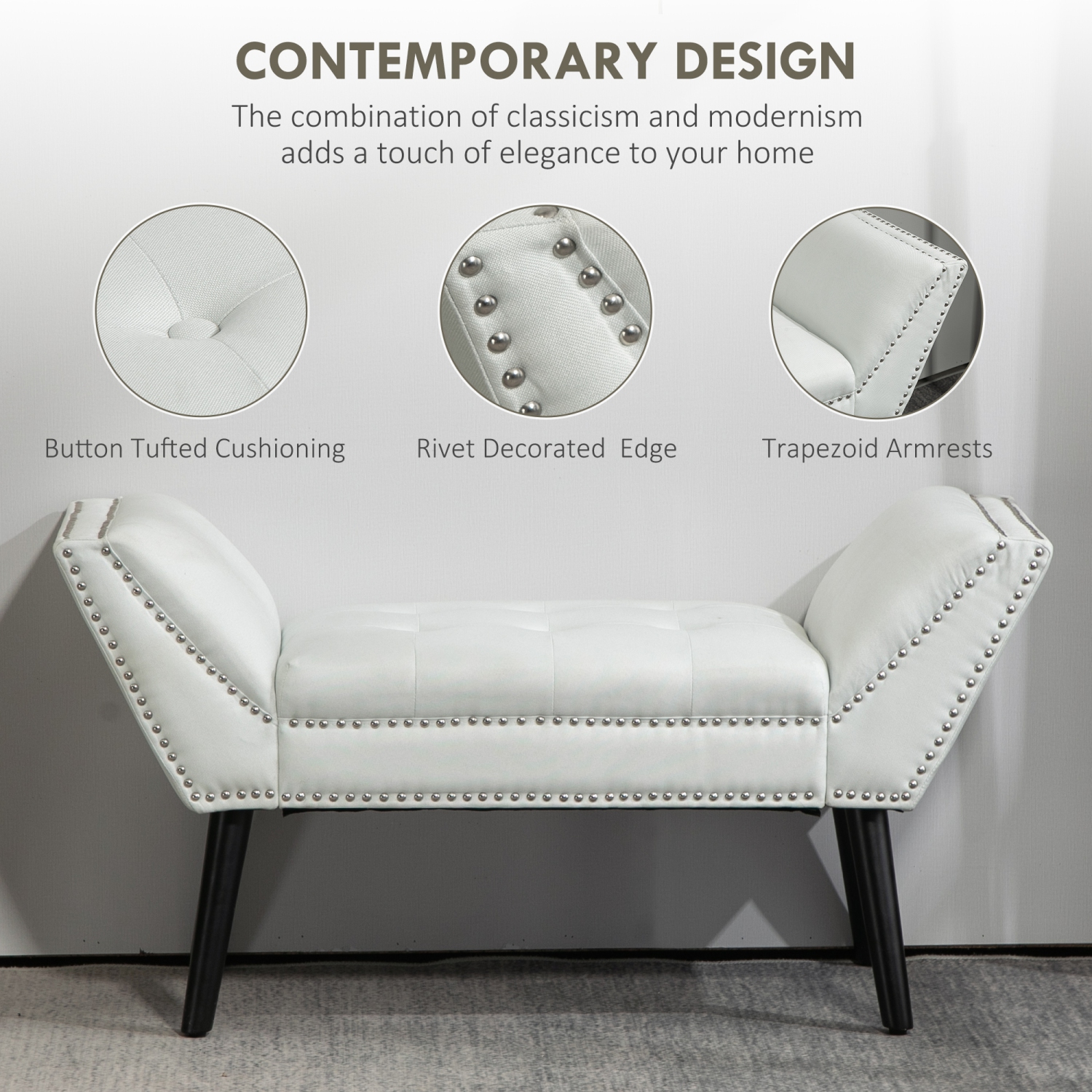 HOMCOM Button Tufted Bedroom Entryway Bench, Linen Fabric Upholstered Ottoman Bench with Arms and Nailhead Trim for Living Room, Hallway, Cream White