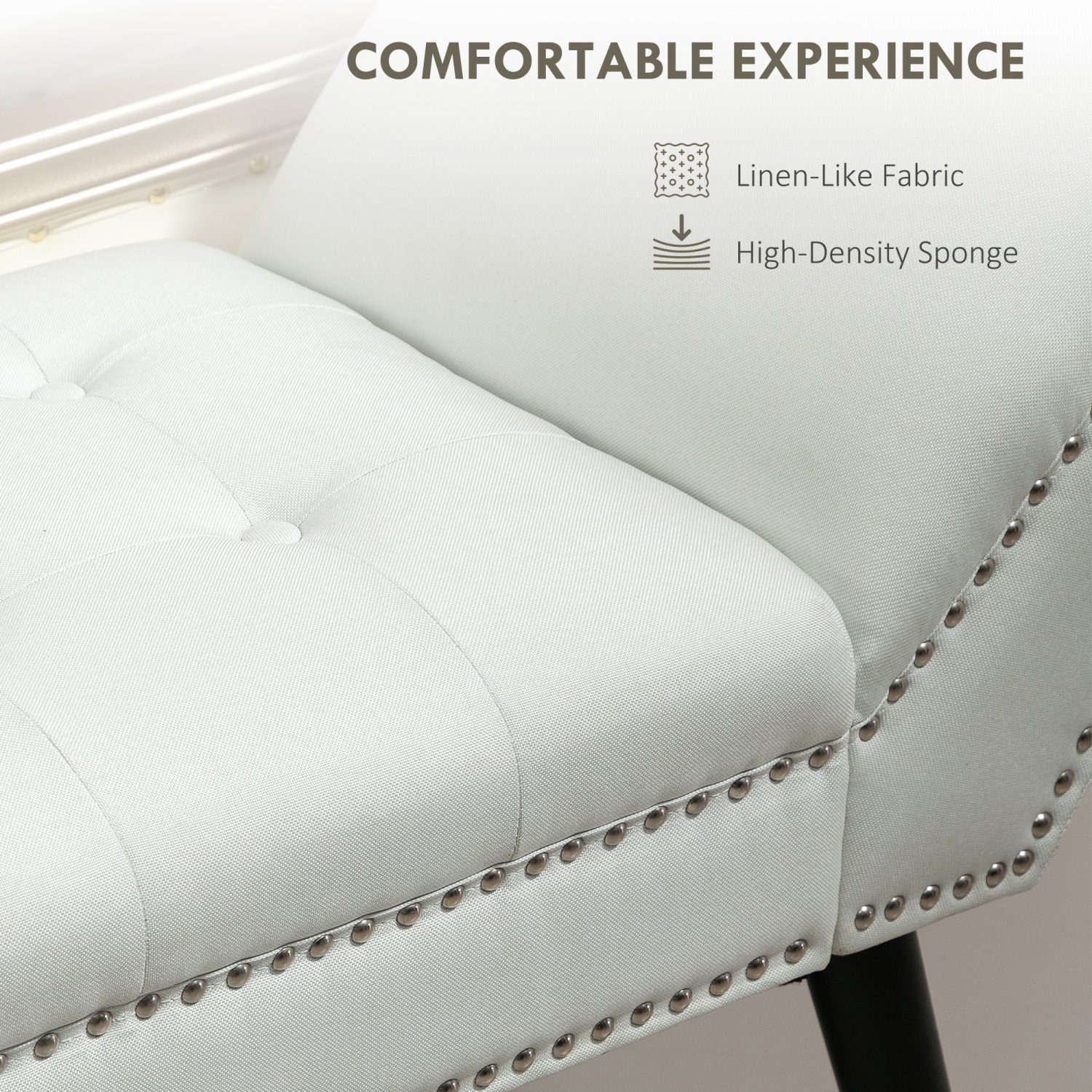 HOMCOM Button Tufted Bedroom Entryway Bench, Linen Fabric Upholstered Ottoman Bench with Arms and Nailhead Trim for Living Room, Hallway, Cream White