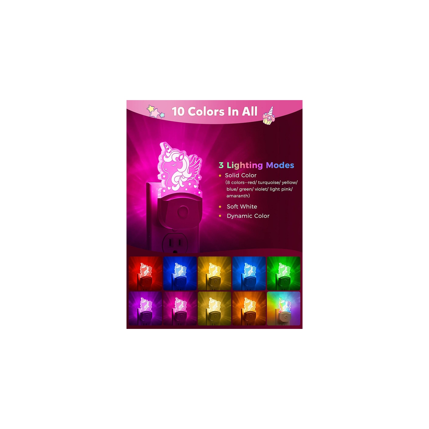 Cute Night Light for Kids [Paquet de 2], lampe de nuit à brancher, veilleuse à 8 couleurs changeantes avec capteur crépuscule à l'aube, veilleuses