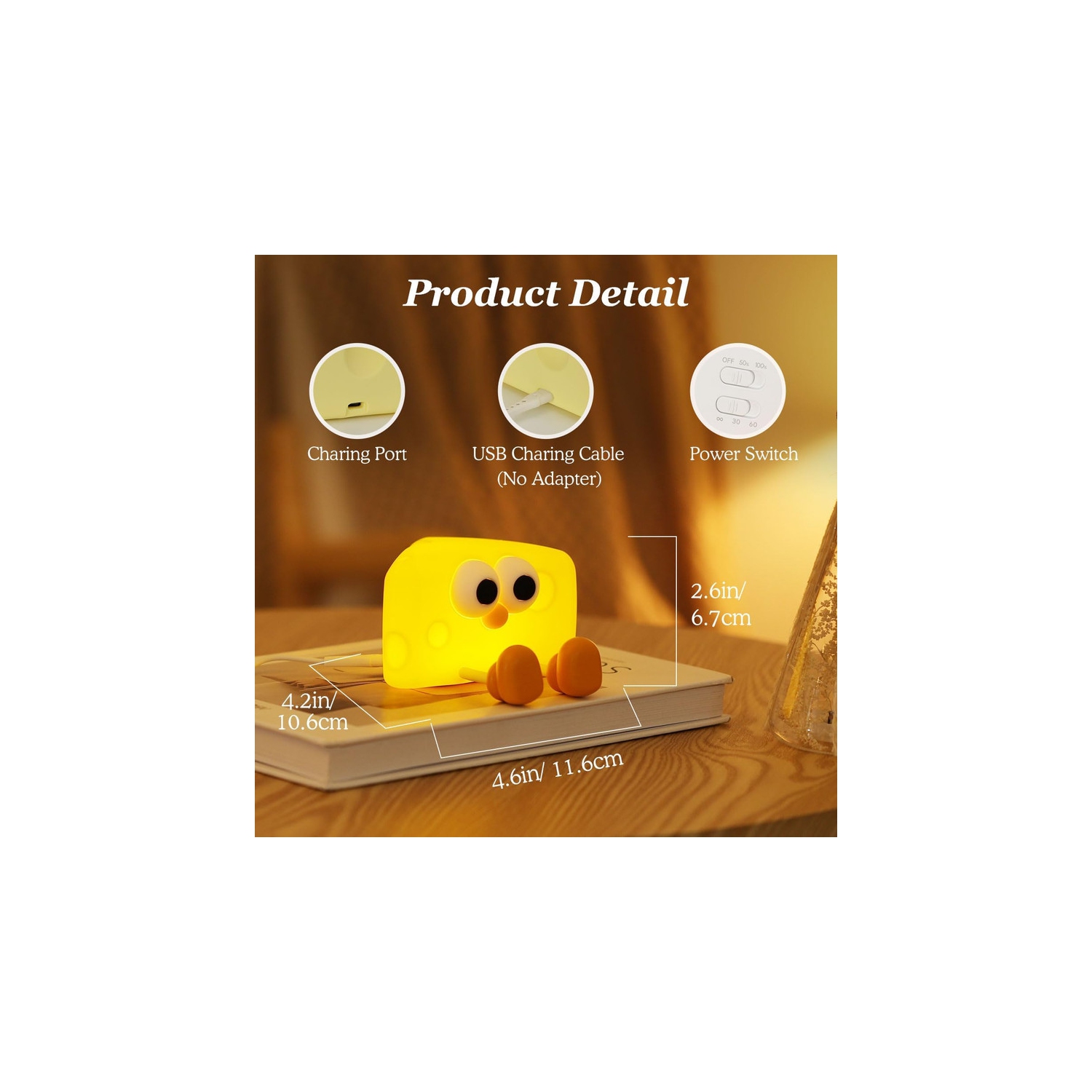 Veilleuse en forme de fromage mignon, veilleuse avec minuterie et luminosité de 2 degrés, lampe de table à robinet rechargeable en silicone Squishy