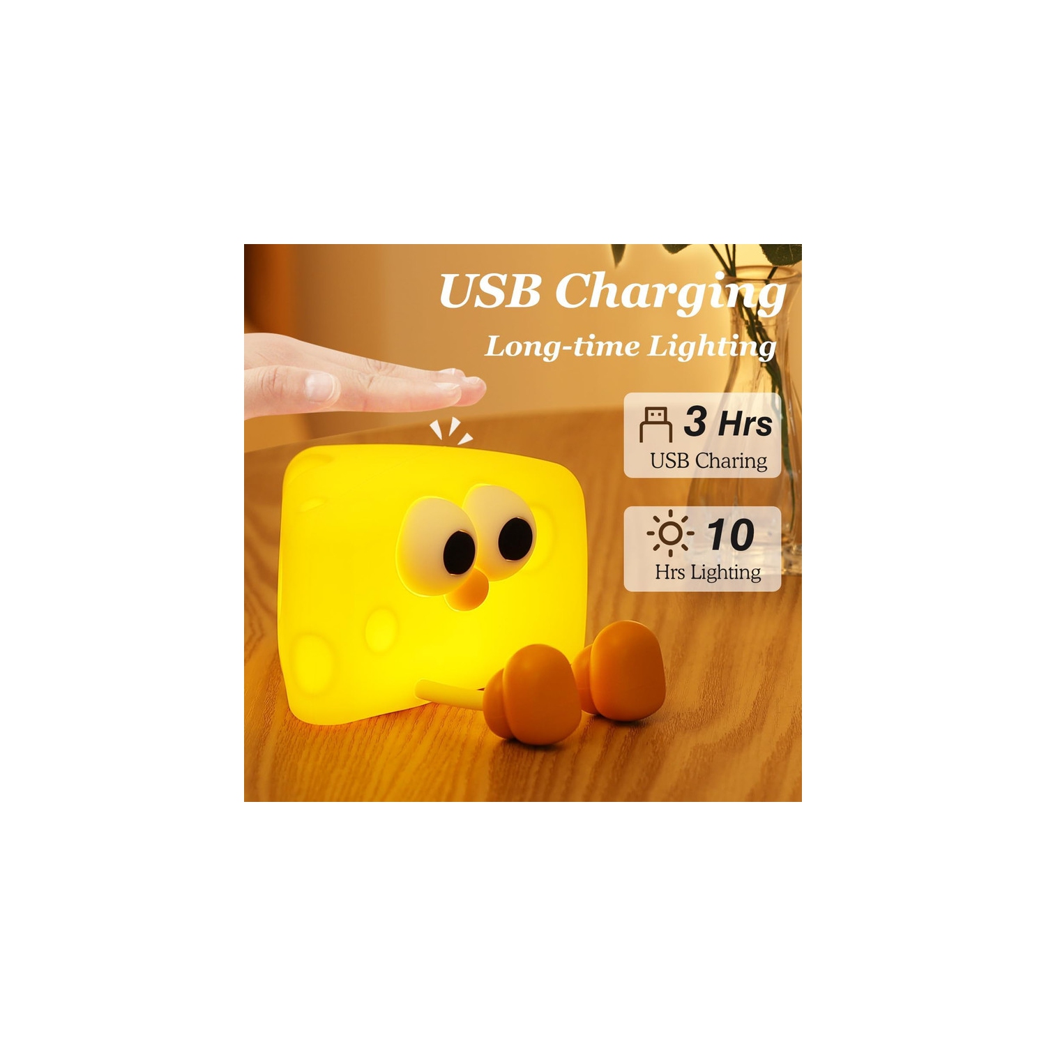Veilleuse en forme de fromage mignon, veilleuse avec minuterie et luminosité de 2 degrés, lampe de table à robinet rechargeable en silicone Squishy