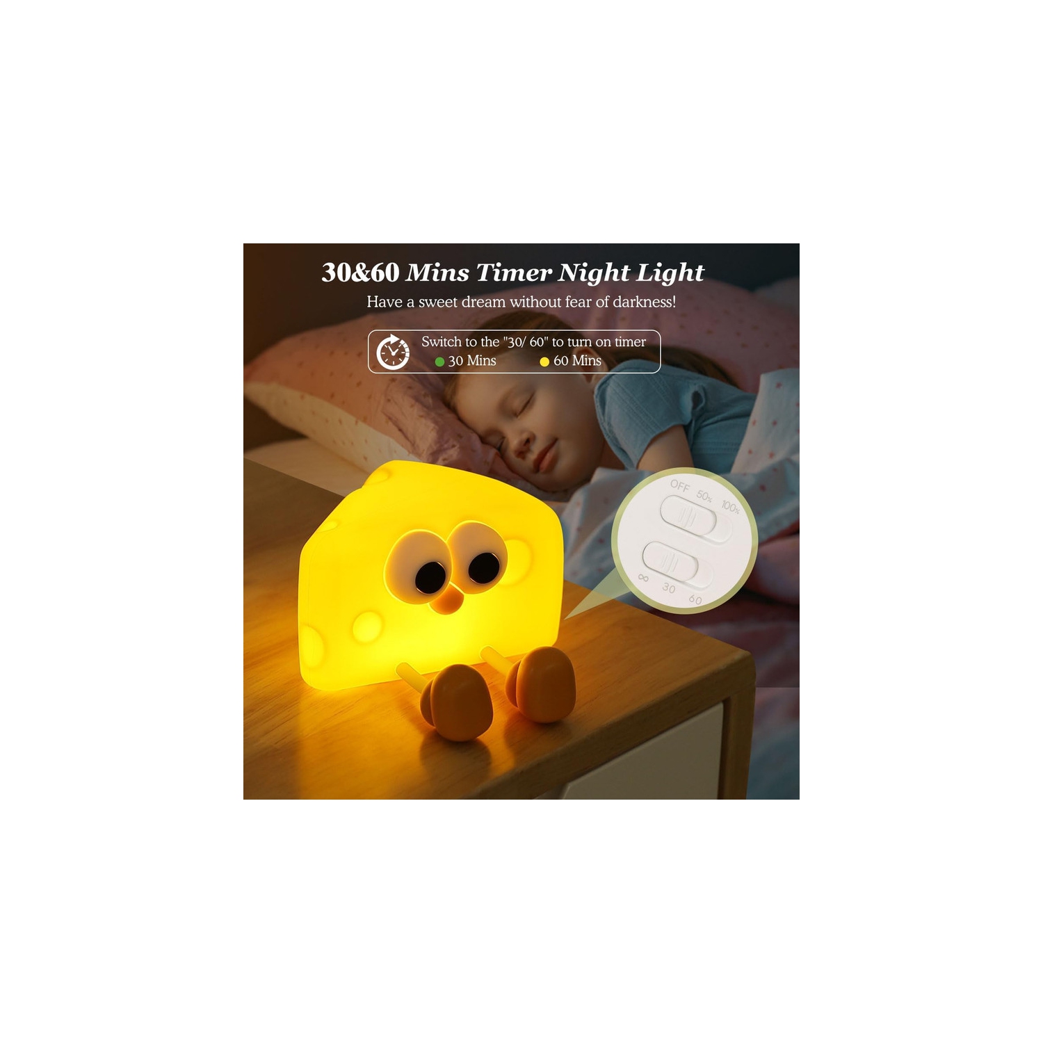 Veilleuse en forme de fromage mignon, veilleuse avec minuterie et luminosité de 2 degrés, lampe de table à robinet rechargeable en silicone Squishy
