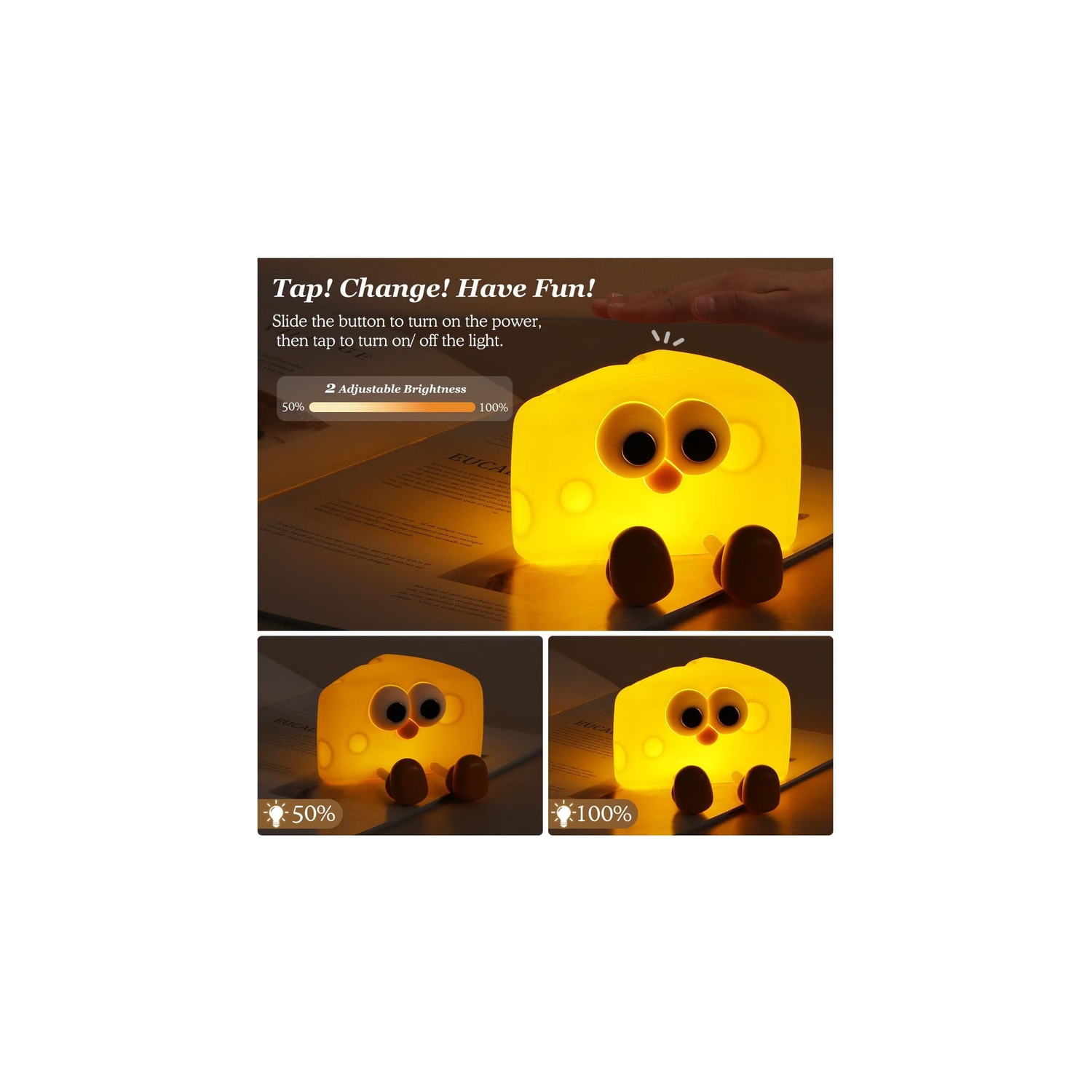 Veilleuse en forme de fromage mignon, veilleuse avec minuterie et luminosité de 2 degrés, lampe de table à robinet rechargeable en silicone Squishy