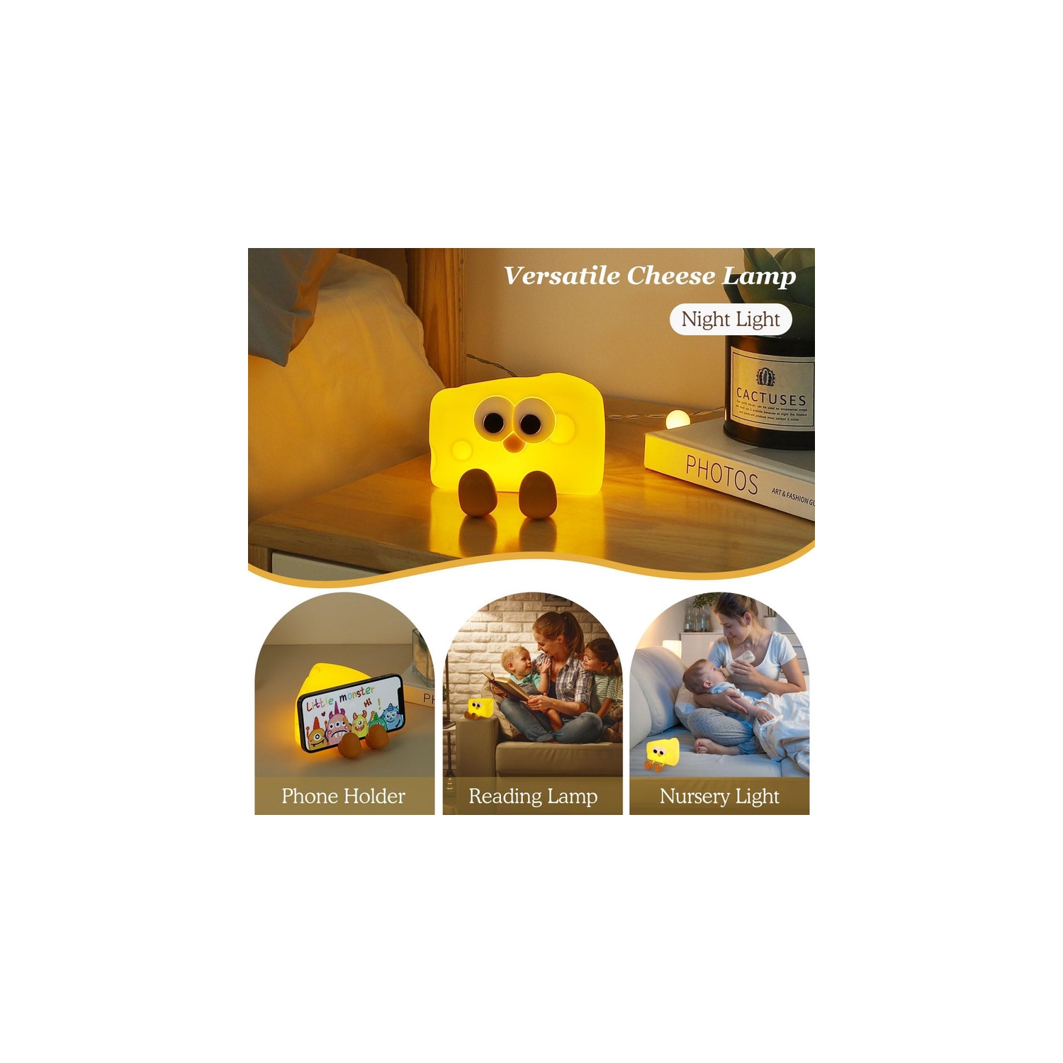 Veilleuse en forme de fromage mignon, veilleuse avec minuterie et luminosité de 2 degrés, lampe de table à robinet rechargeable en silicone Squishy