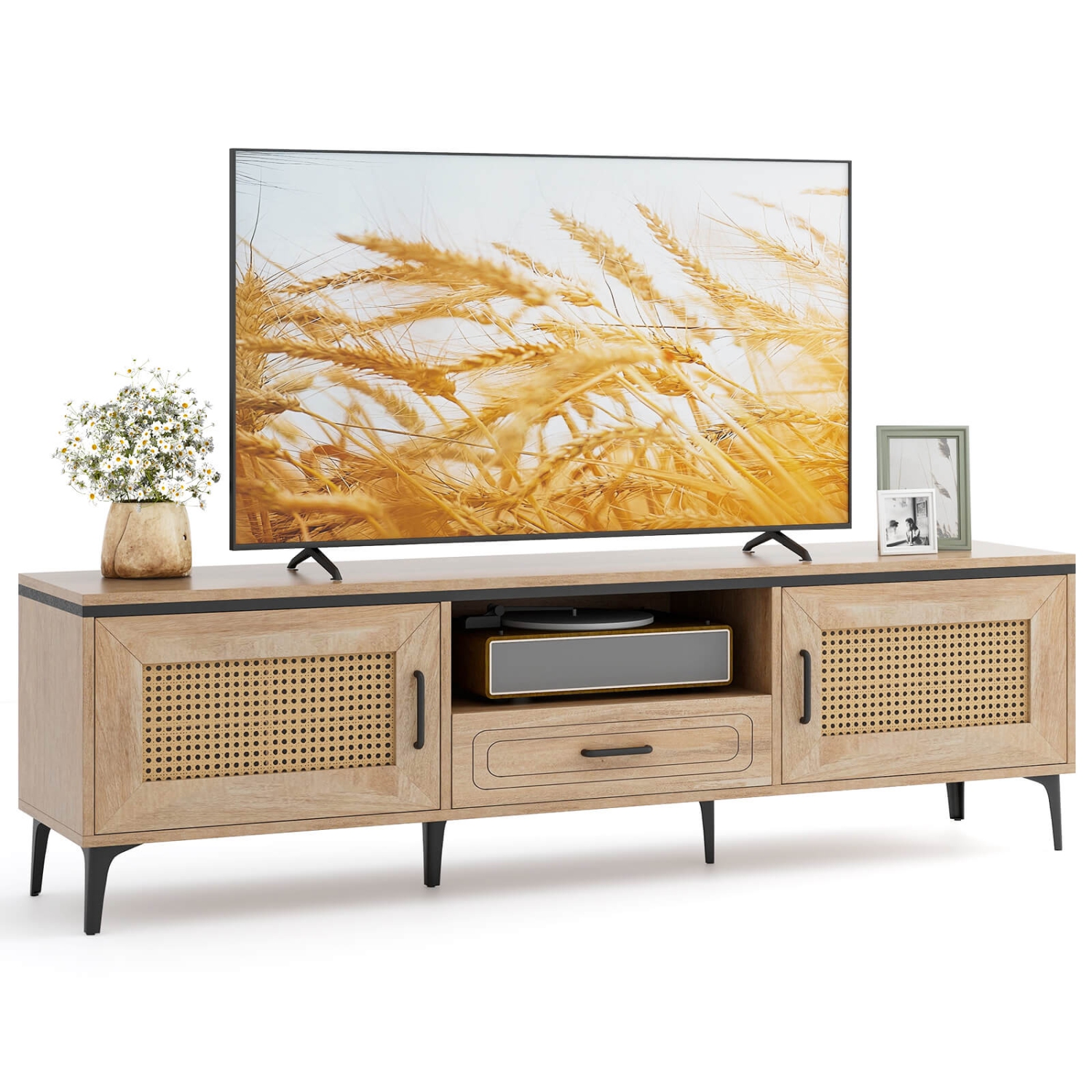 Costway Boho TV Stand for 65 Inch TVs Modern Entertainment Center with Drawer 2 Storage