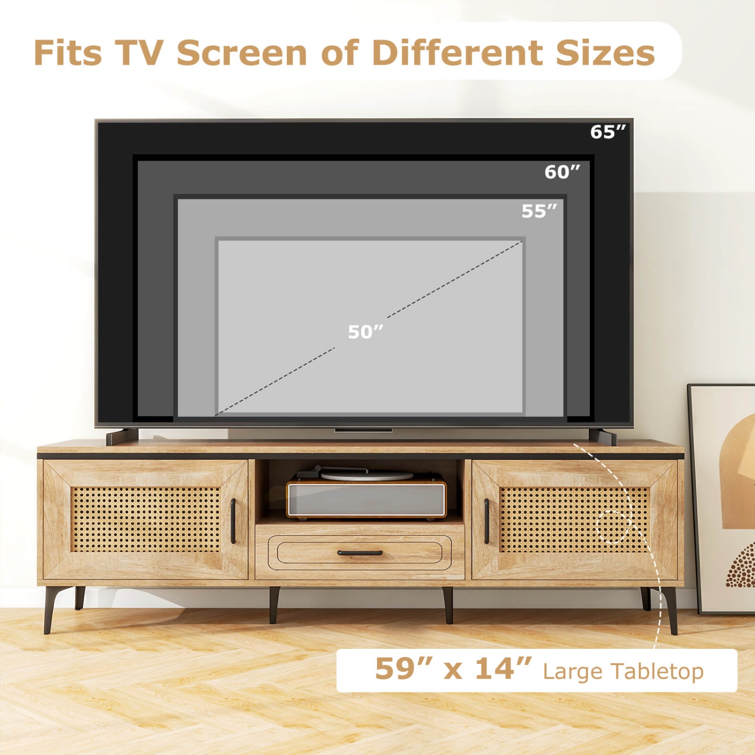 Costway Boho TV Stand for 65 Inch TVs Modern Entertainment Center with Drawer 2 Storage