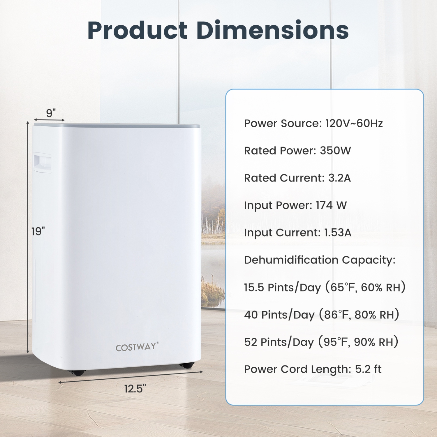 Costway 52 Pint Dehumidifier for Basement 4500 Sq. Ft Portable Dehumidifier 24H Timer