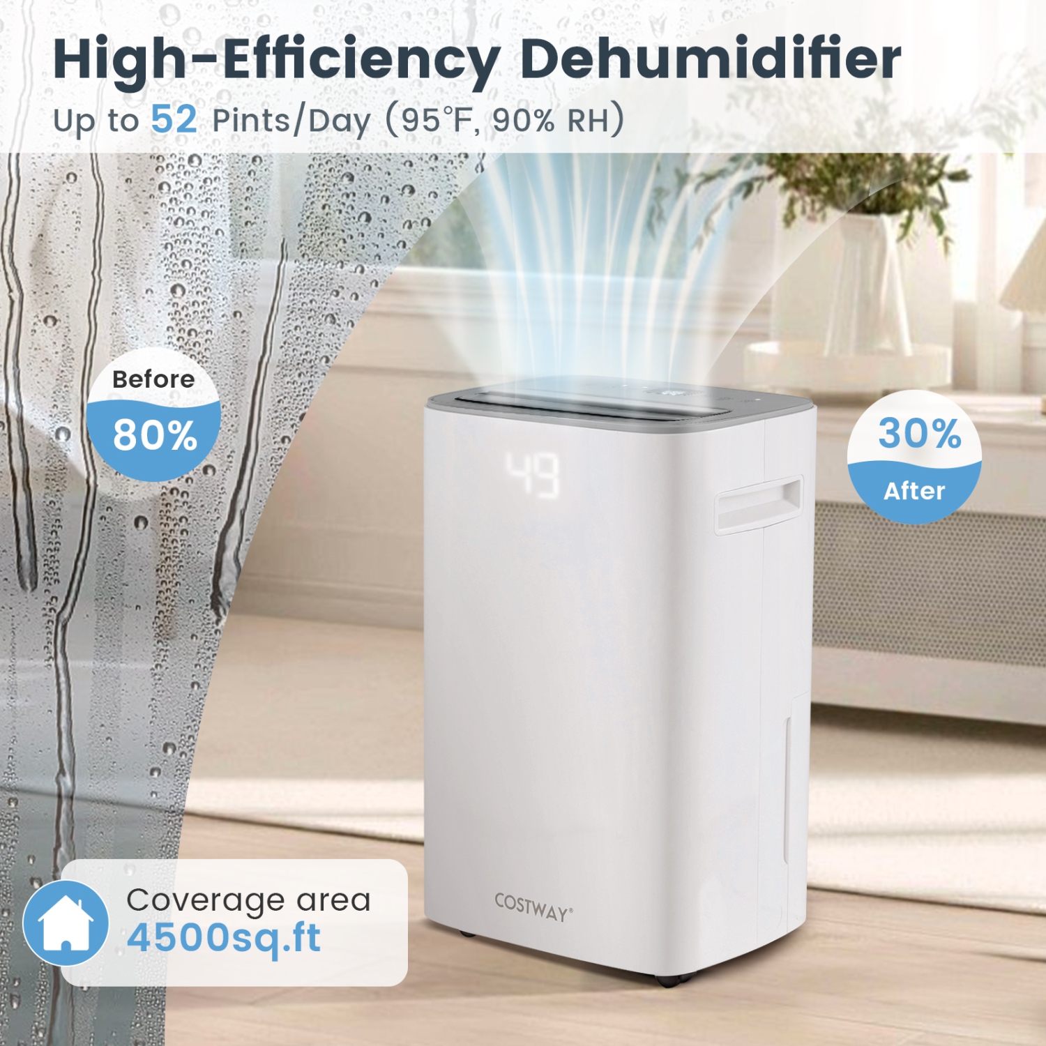 Costway 52 Pint Dehumidifier for Basement 4500 Sq. Ft Portable Dehumidifier 24H Timer