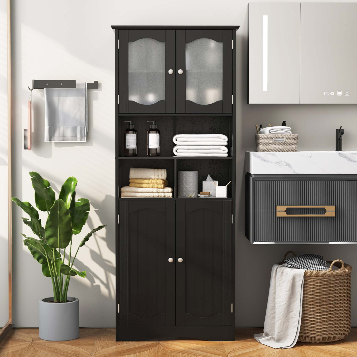 Costway 58.5" Tall Bathroom Storage Cabinet Freestanding Linen Cabinet with Shelves