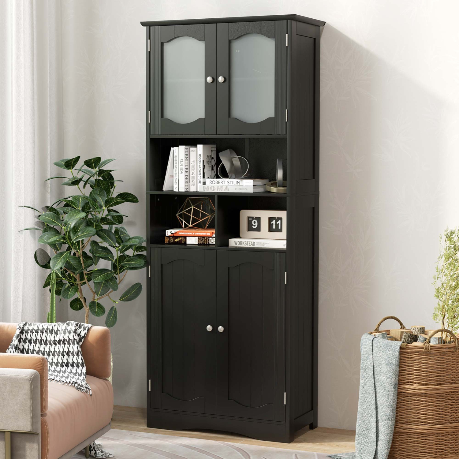 Costway 58.5" Tall Bathroom Storage Cabinet Freestanding Linen Cabinet with Shelves