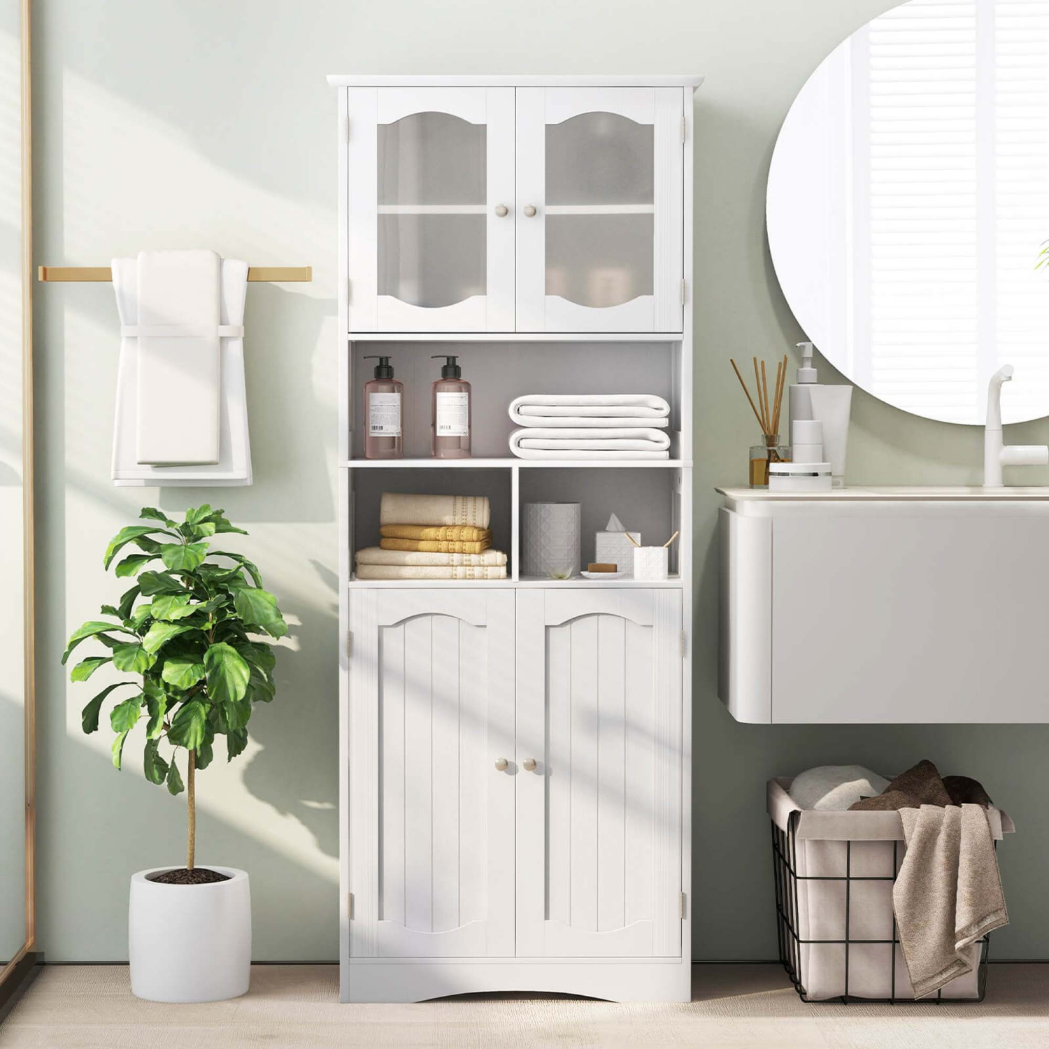 Costway 58.5" Tall Bathroom Storage Cabinet Freestanding Linen Cabinet with Shelves
