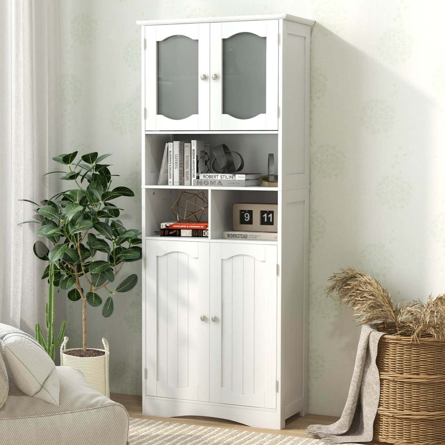 Costway 58.5" Tall Bathroom Storage Cabinet Freestanding Linen Cabinet with Shelves
