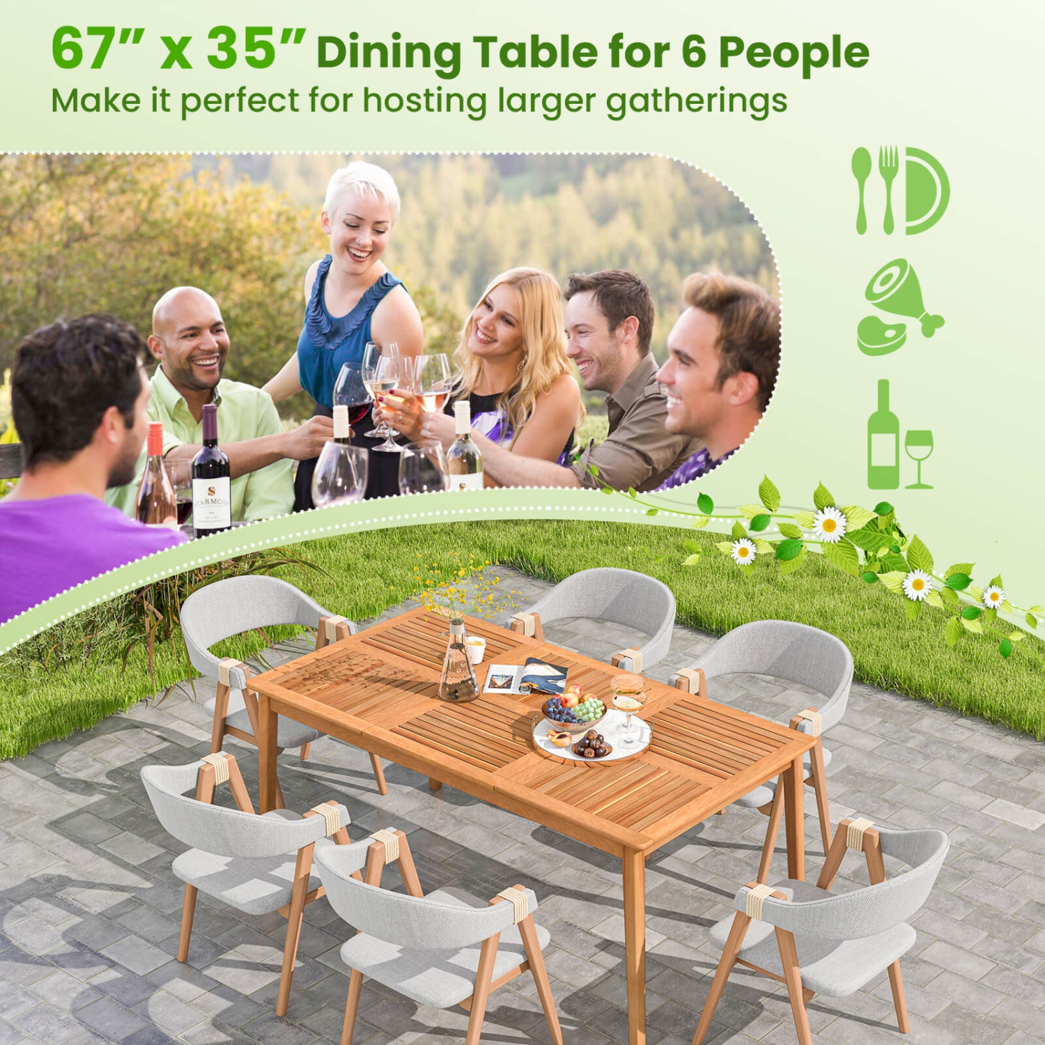 Costway 6-Person Outdoor Acacia Wood Dining Table with 1.96" Umbrella Hole Rectangular
