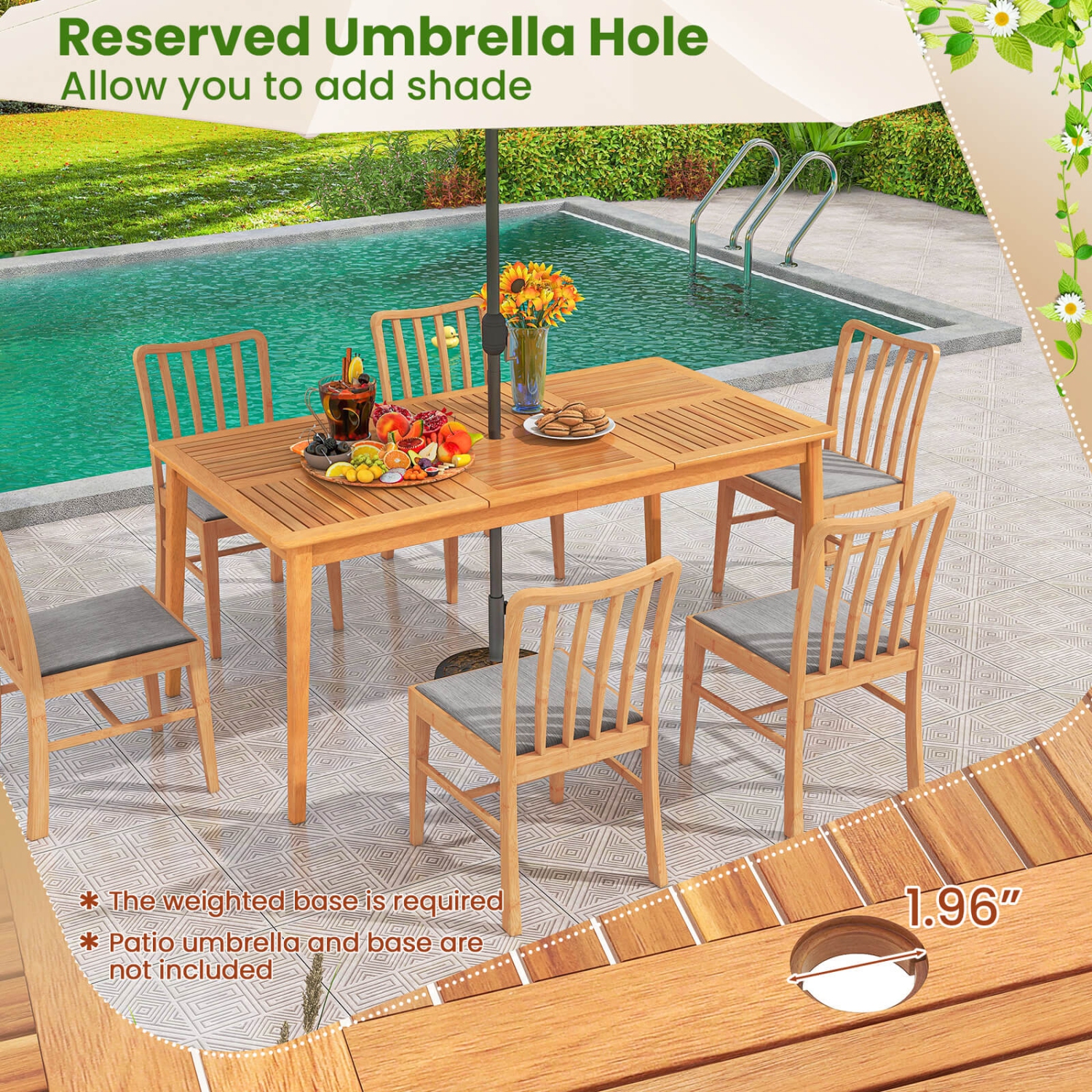 Costway 6-Person Outdoor Acacia Wood Dining Table with 1.96" Umbrella Hole Rectangular