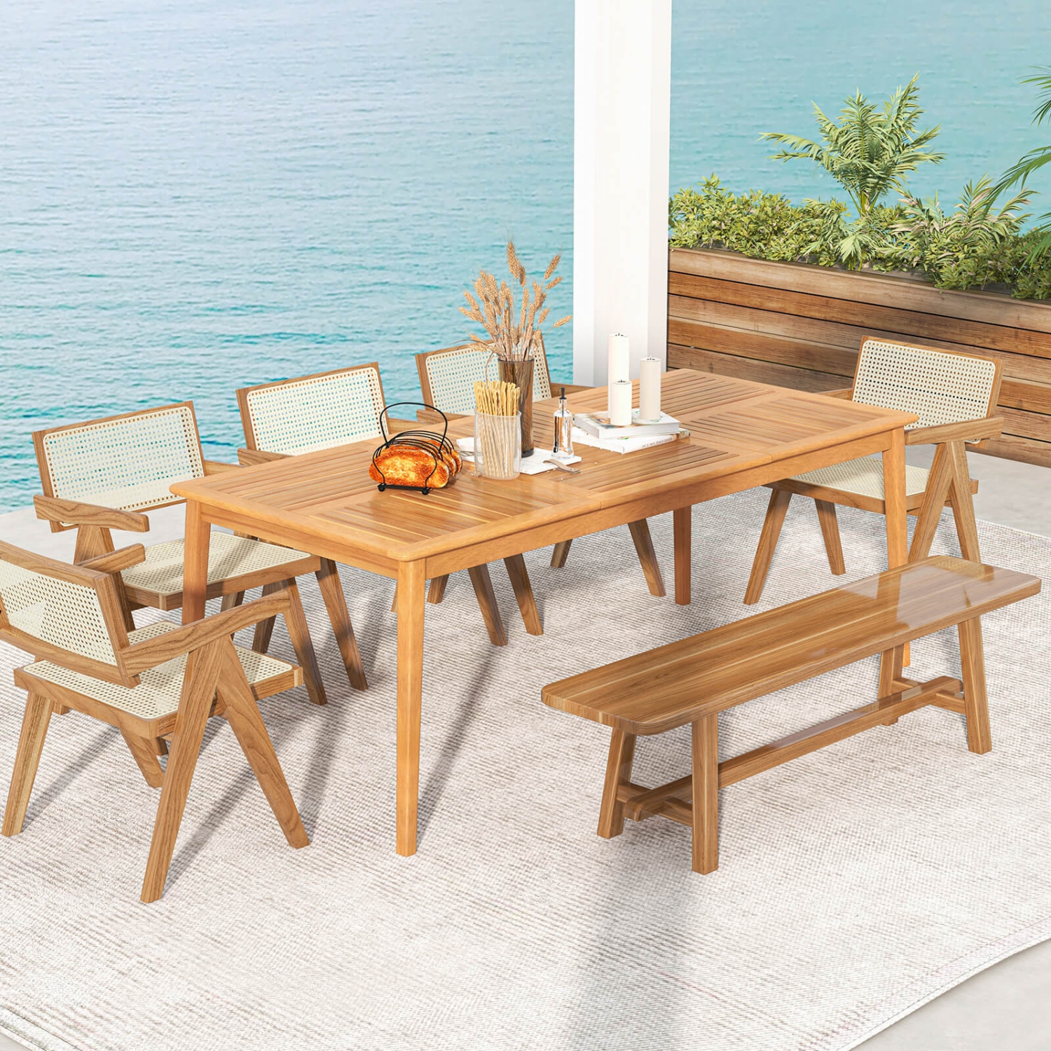 Costway 8-Person Outdoor Acacia Wood Dining Table with 1.96" Umbrella Hole Rectangular