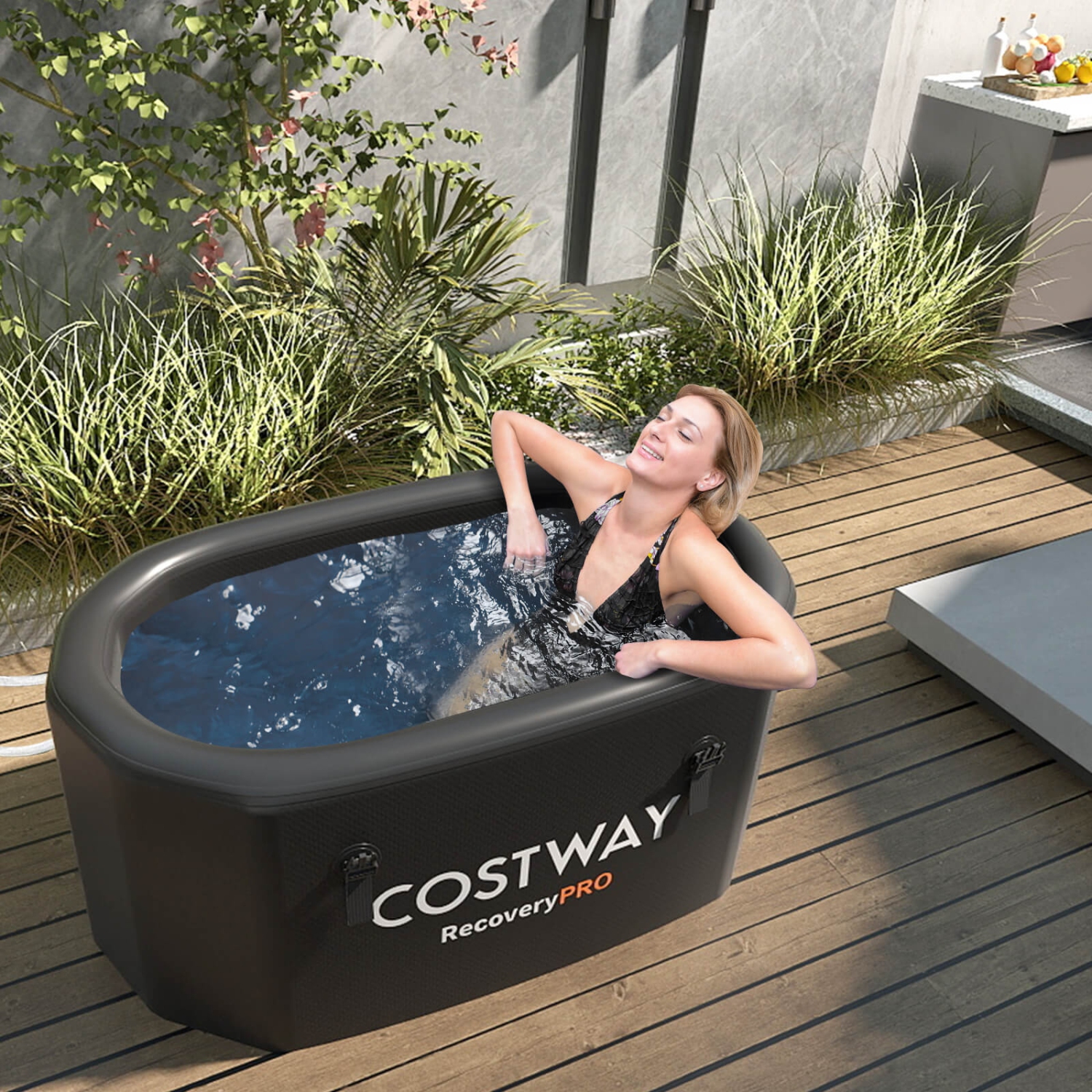 Costway XL 129 Gal Oval Ice Bath Tub for Athletes with Cover Hand Pump Backpack for Adults Gray/Black