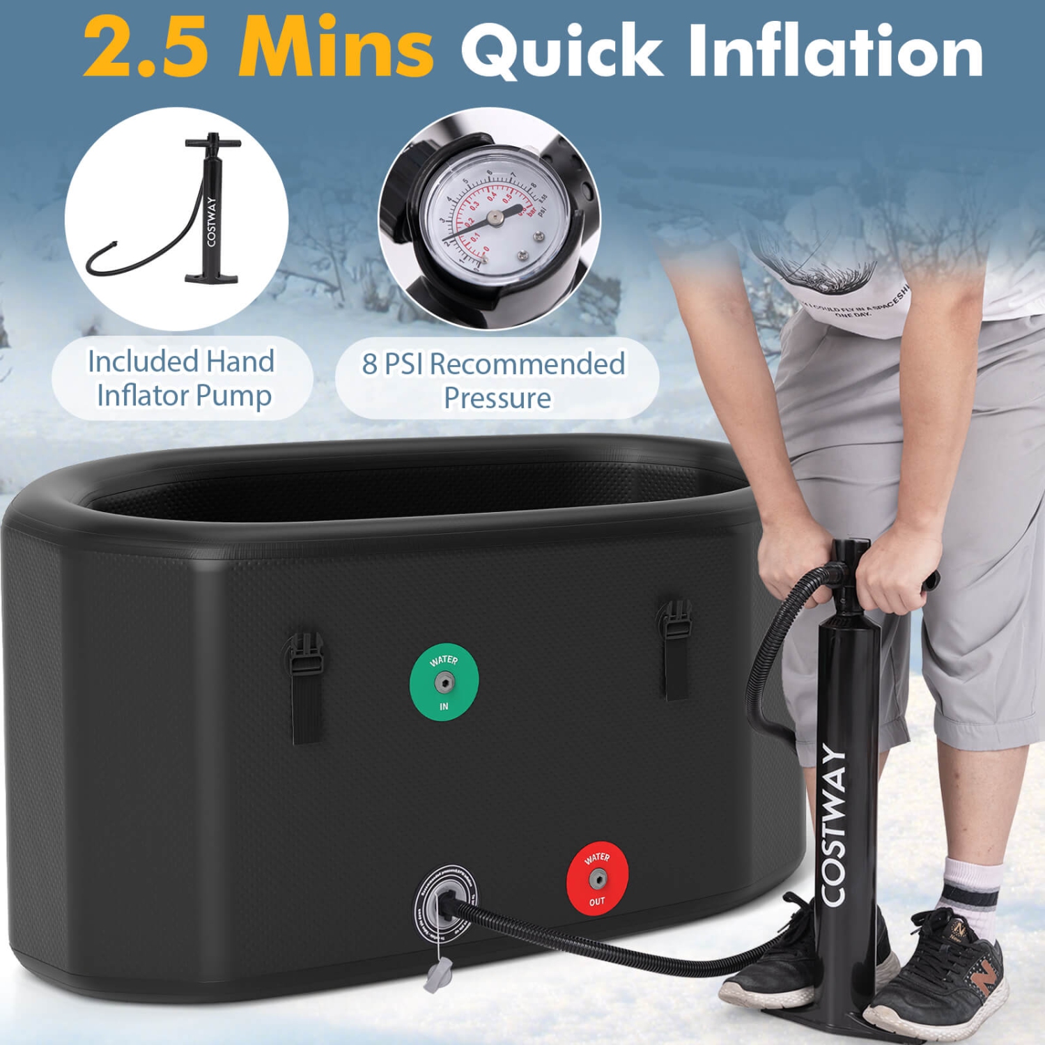 Costway XL 129 Gal Oval Ice Bath Tub for Athletes with Cover Hand Pump Backpack for Adults Gray/Black