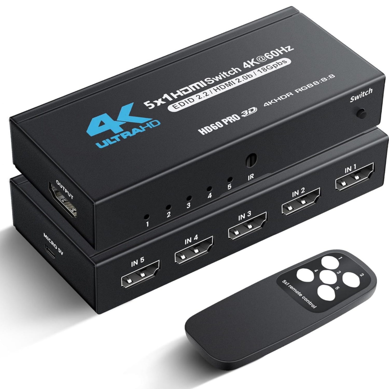HDMI Switch 5 in 1 Out 4K@60Hz, 5x1 HDMI Splitter Switcher with IR Remote, 5 Port HDMI Selector Box Support HDMI2.0, Dolby Vision/Atmos, HDR10 for