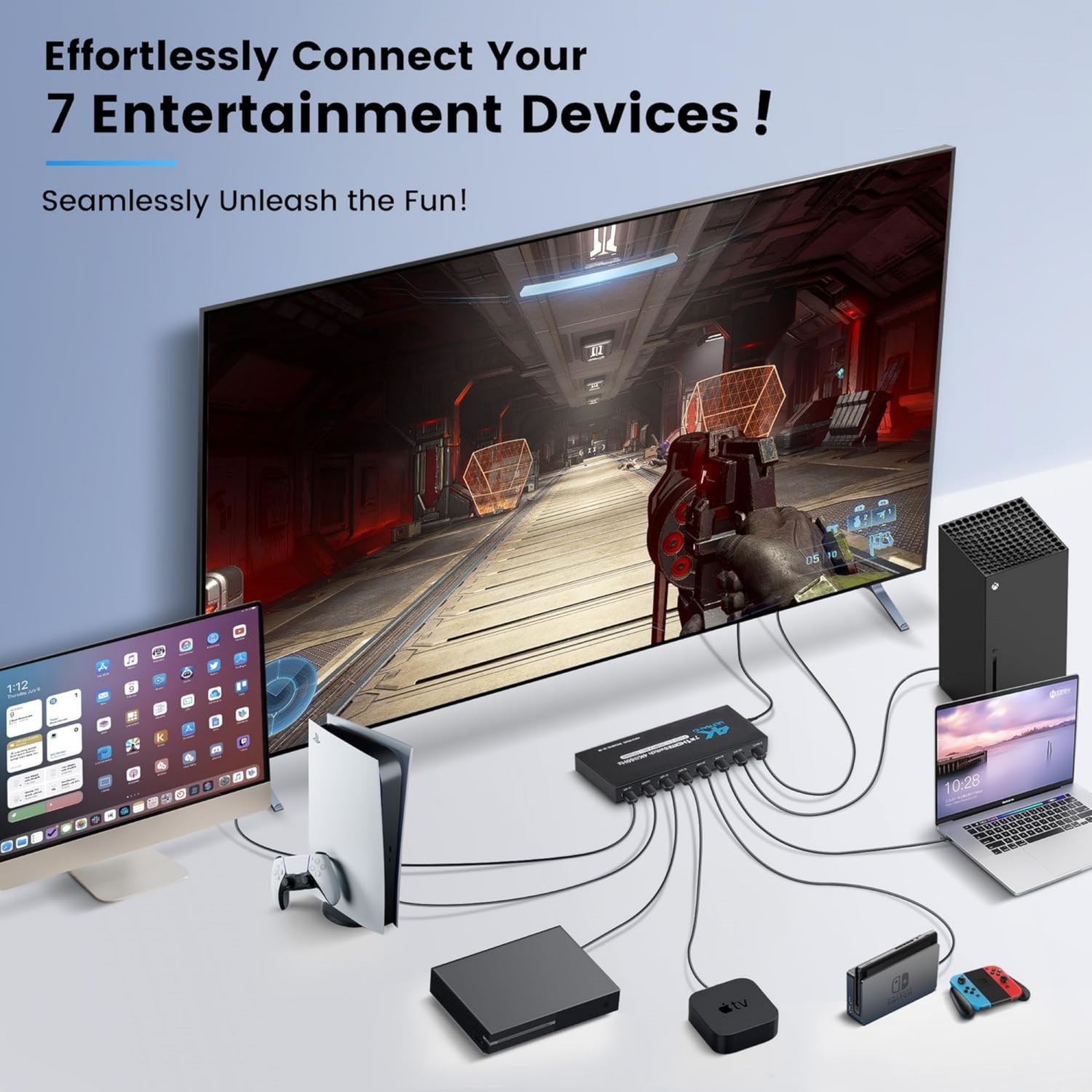 HDMI Switch 7 in 1 Out 4K@60Hz, 7x1 HDMI Switcher with IR Remote, 7 Port HDMI Selector Box Support HDMI2.0, Dolby Vision/Atmos, HDR10 for Xbox,