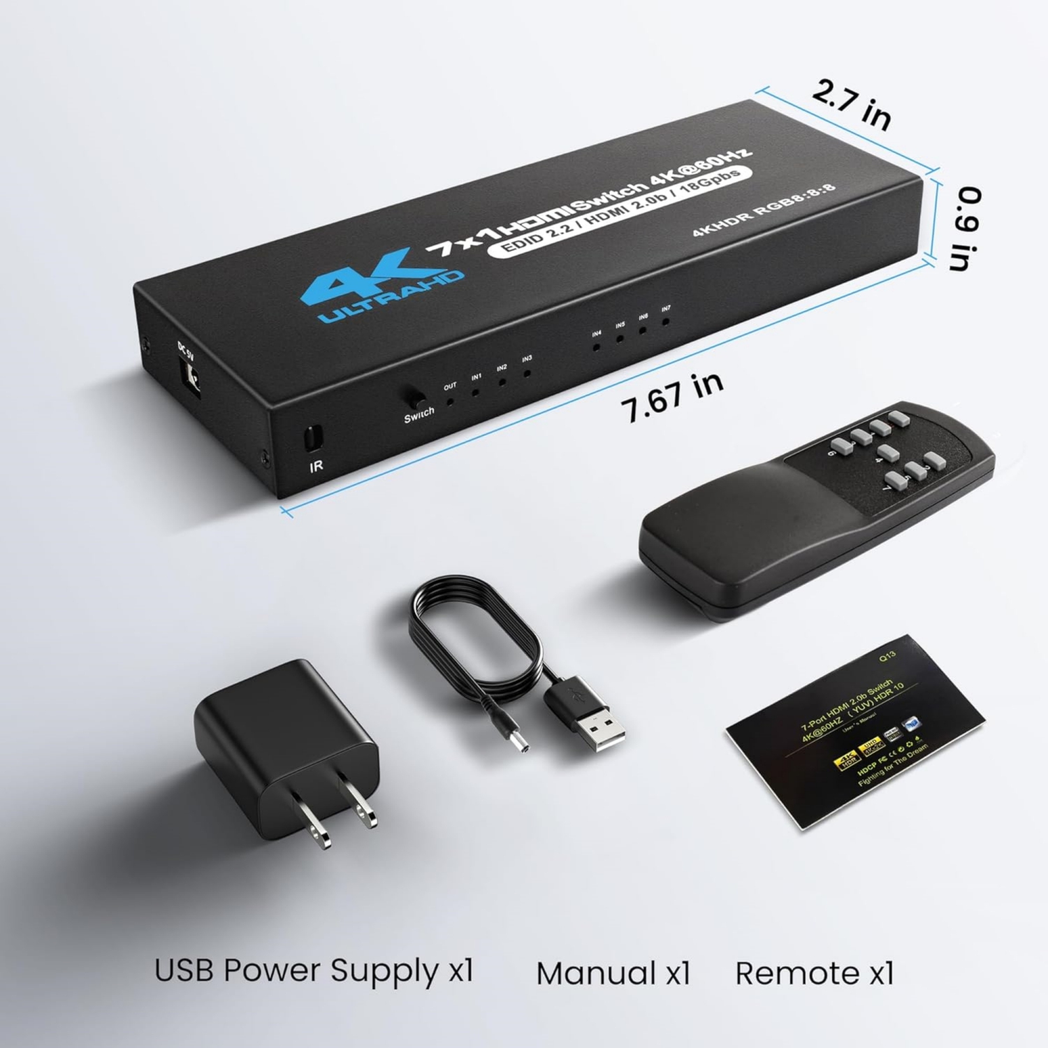 HDMI Switch 7 in 1 Out 4K@60Hz, 7x1 HDMI Switcher with IR Remote, 7 Port HDMI Selector Box Support HDMI2.0, Dolby Vision/Atmos, HDR10 for Xbox,