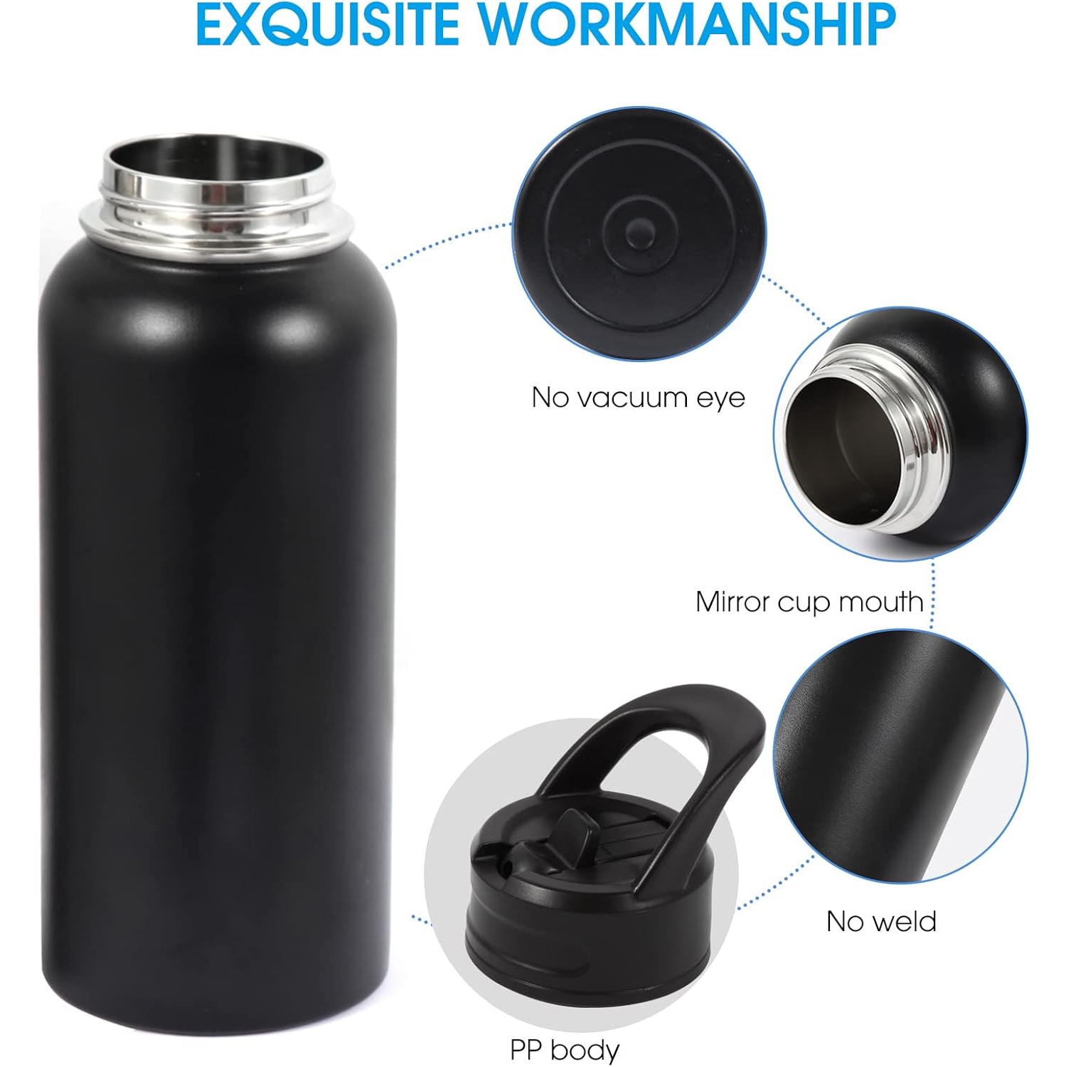 Insulated Water Bottle, 32oz Vacuum Stainless Steel Metal Sports Water Bottles with Stickers, Straw & Spout Lid, Double Walled to Keeps Hot and Cold,